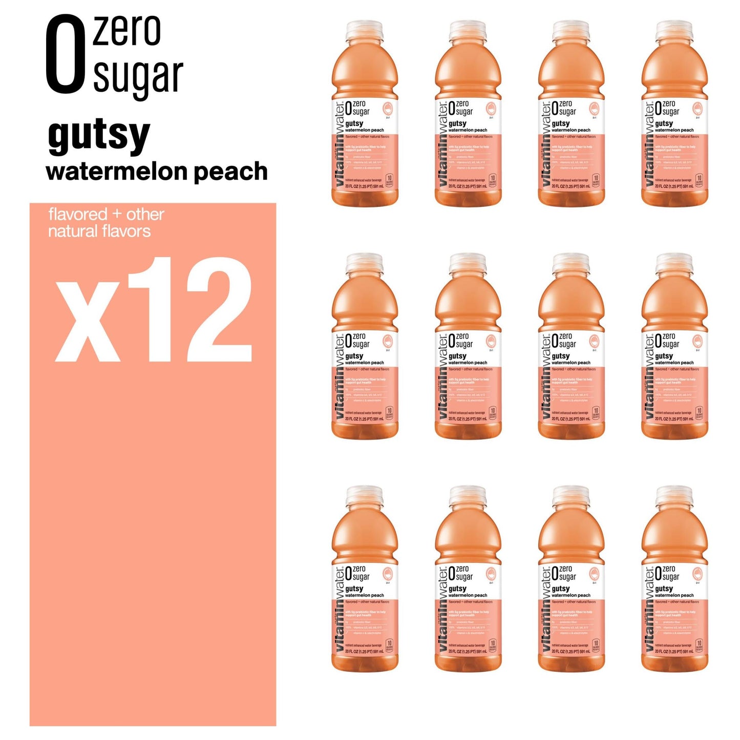 Vitaminwater Zero Sugar Gutsy - Watermelon Peach Flavor, 20 oz, 12 Bottles Pack