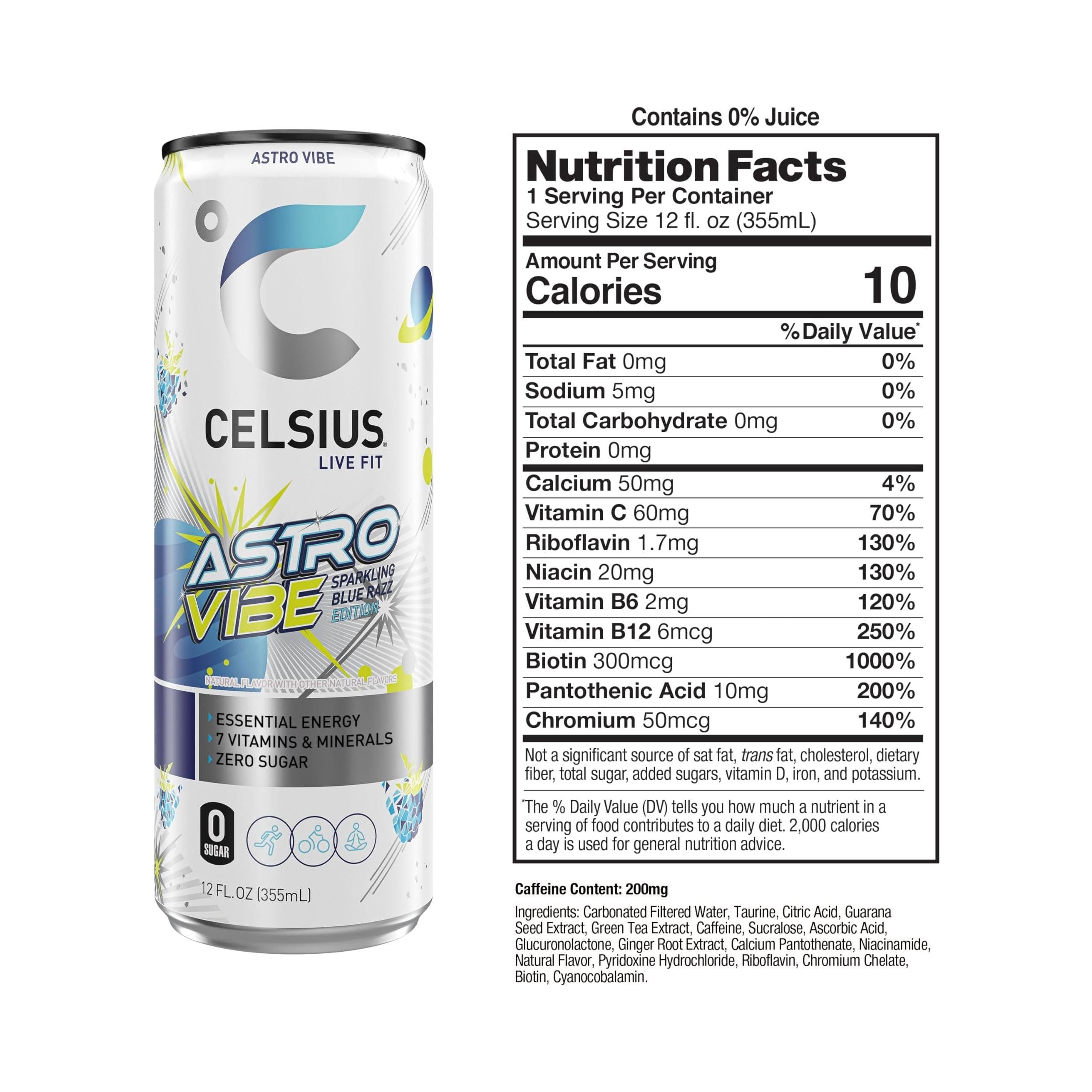 CELSIUS Sparkling Astro Vibe Energy Drink, BlueRazz Flavor, 12 Fl Oz Cans (Pack of 12) - Celsius