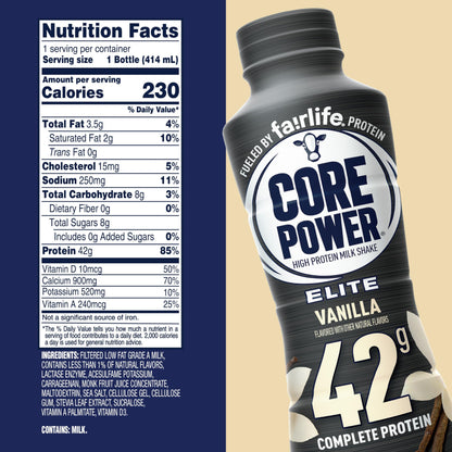 Fairlife Core Power Elite Vanilla Protein Shake - 42g Protein, 14 Fl Oz Bottles (Pack of 12)