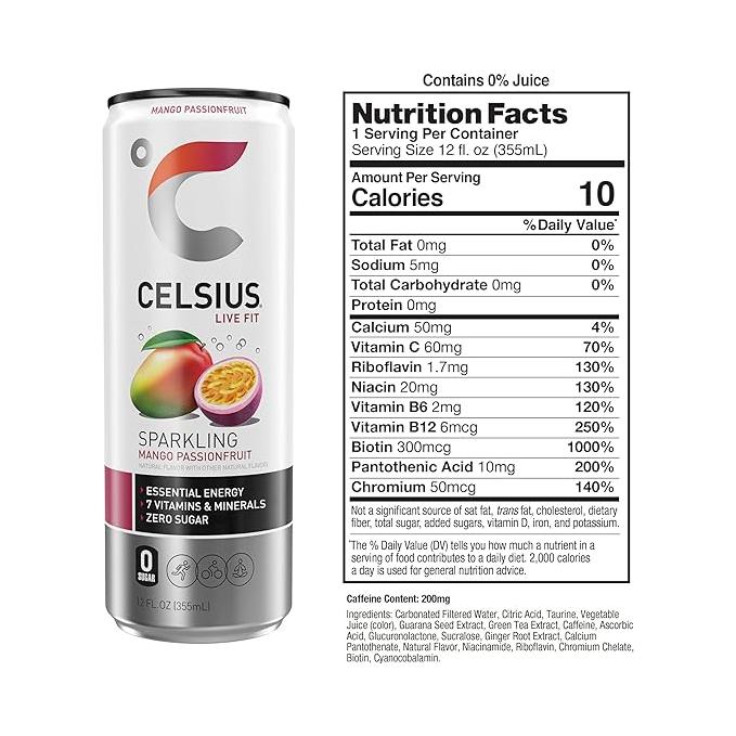 Celsius Essential Energy Sparkling Mango Passionfruit - 12 oz Cans, 12-Pack for Vitality and Refreshing Flavor