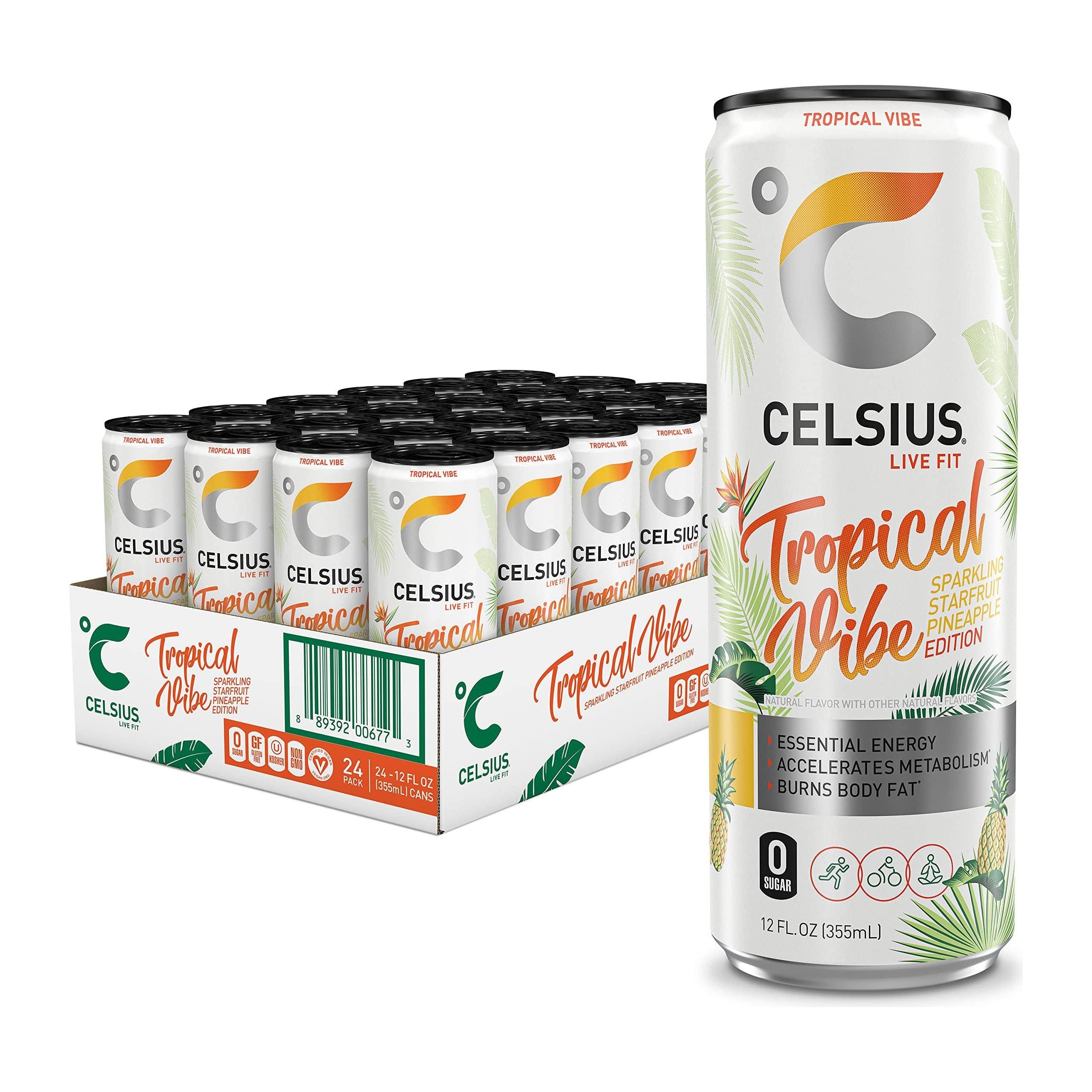 CELSIUS Sparkling Tropical Vibe, Essential Energy Drink, 200mg Caffeine, 12 Fl Oz (24 Pack) - Celsius