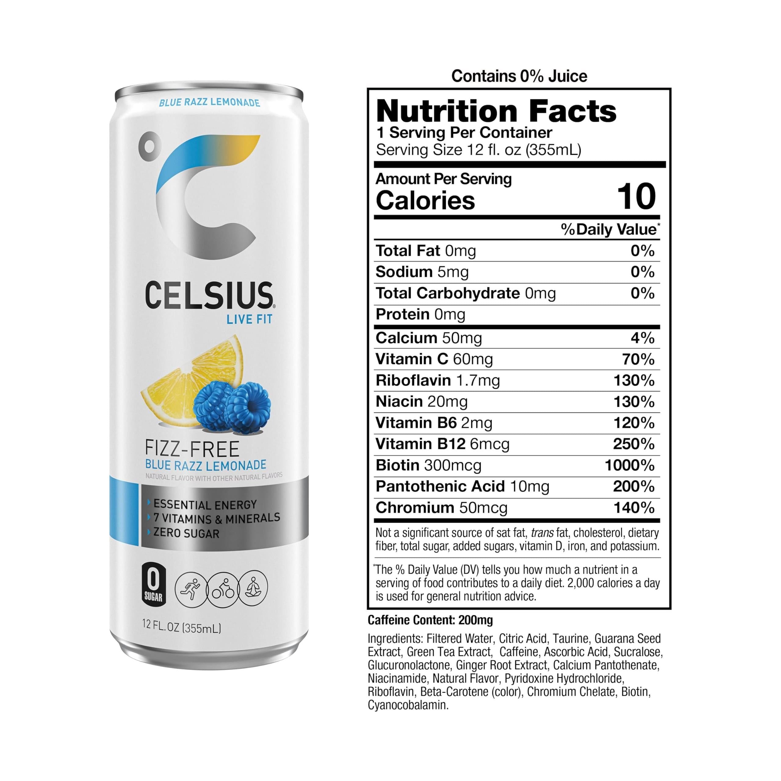 CELSIUS Blue Razz Lemonade, Fizz Free Essential Energy Drink, 12 Fl Oz (Pack of 12) – Premium, No Sugar, 200mg Caffeine - Celsius