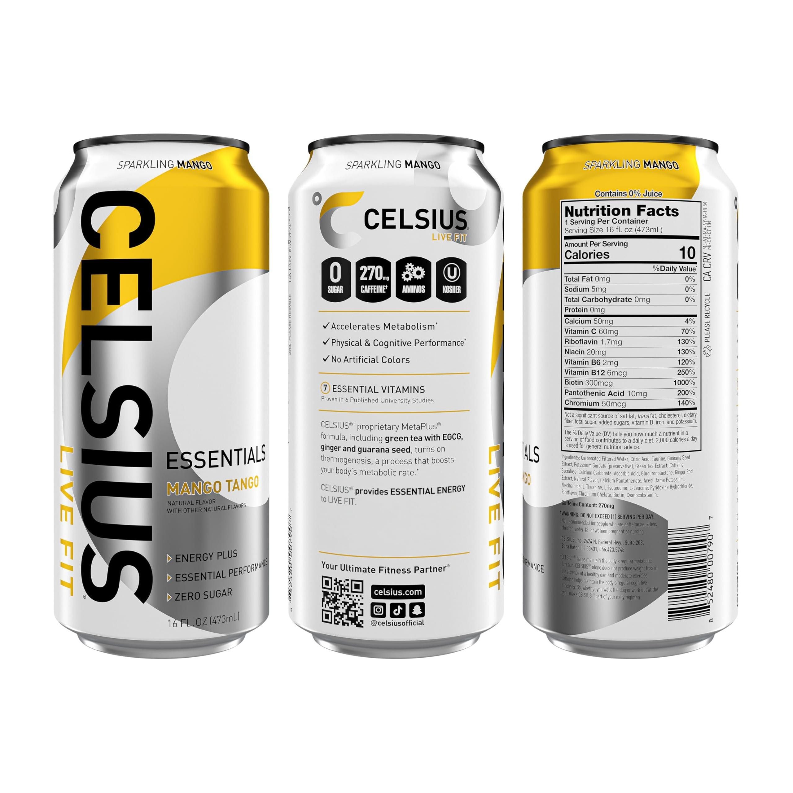 CELSIUS ESSENTIALS Sparkling Mango Tango Energy Drink, 16 Fl Oz, Pack of 12 - Performance Boost with 270mg Caffeine - Celsius