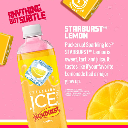 Sparkling Ice STARBURST Lemon, Zero Sugar Flavored Sparkling Water,  17 fl oz Bottles (Pack of 12)