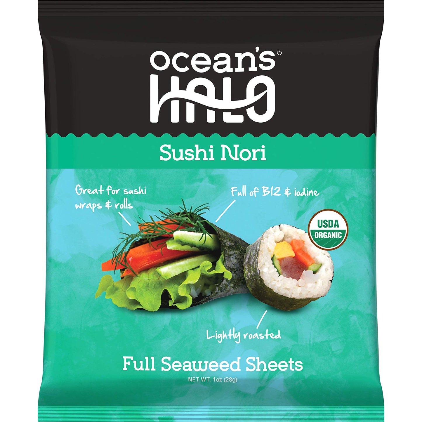 Ocean's Halo, Sushi Nori Seaweed, Organic, Vegan, Perfect Paper for Wraps, Shelf-Stable, 1 oz.