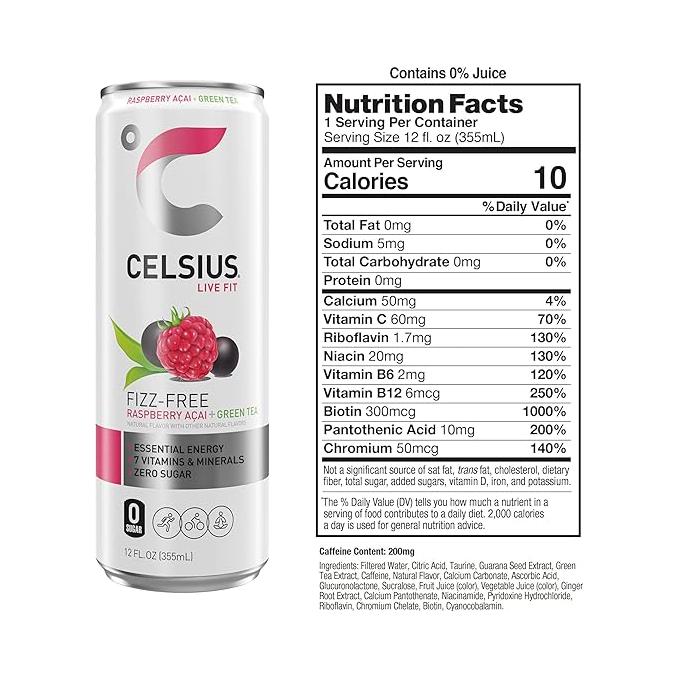 Celsius Raspberry Acai Green Tea Energy Drink, 12 Fl Oz Cans – 12 Pack