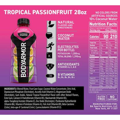 BODYARMOR Tropical Passionfruit Sports Drink, 28 Fl Oz (12-Pack) - Hydration with Natural Ingredients