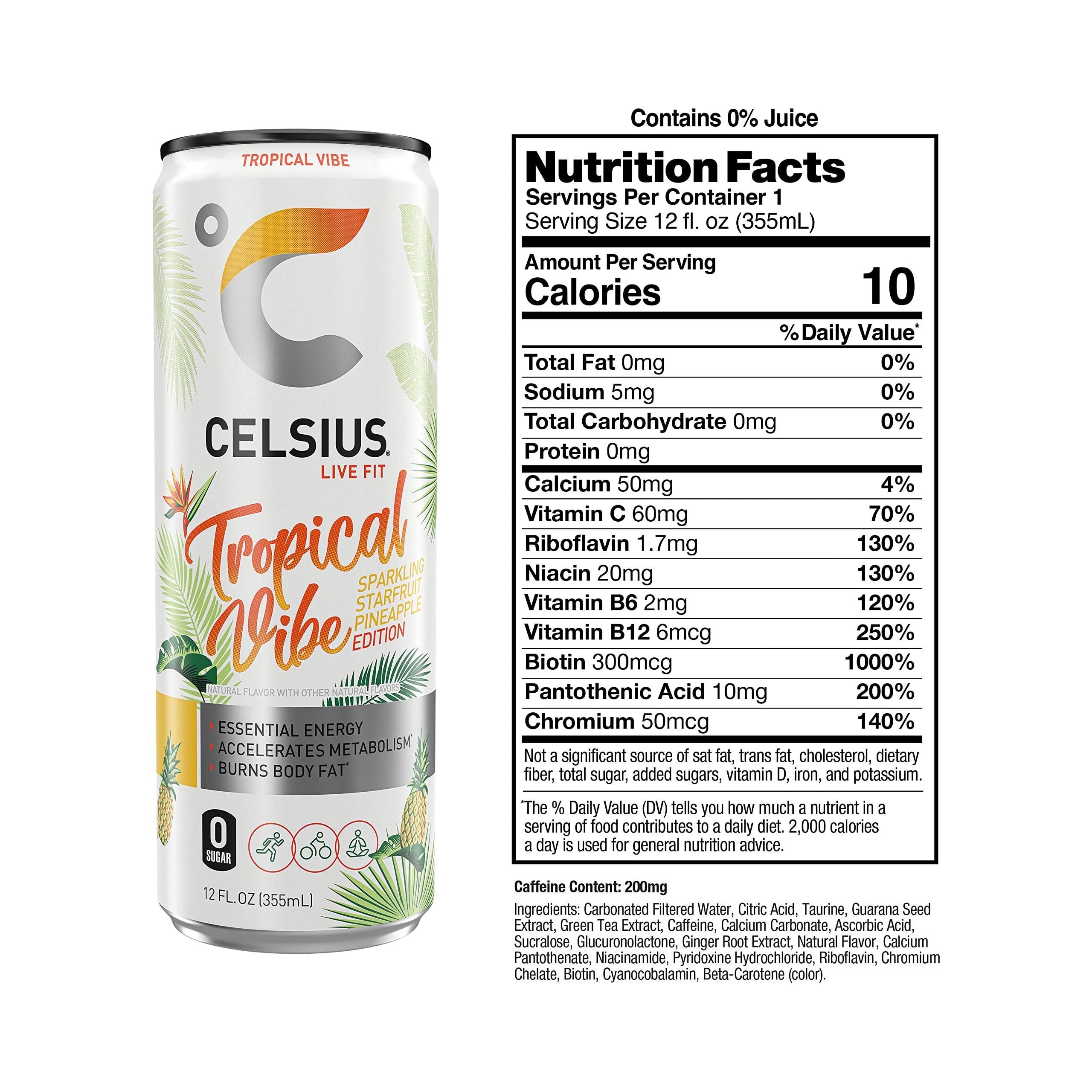 CELSIUS Sparkling Tropical Vibe, Essential Energy Drink, 200mg Caffeine, 12 Fl Oz (24 Pack) - Celsius