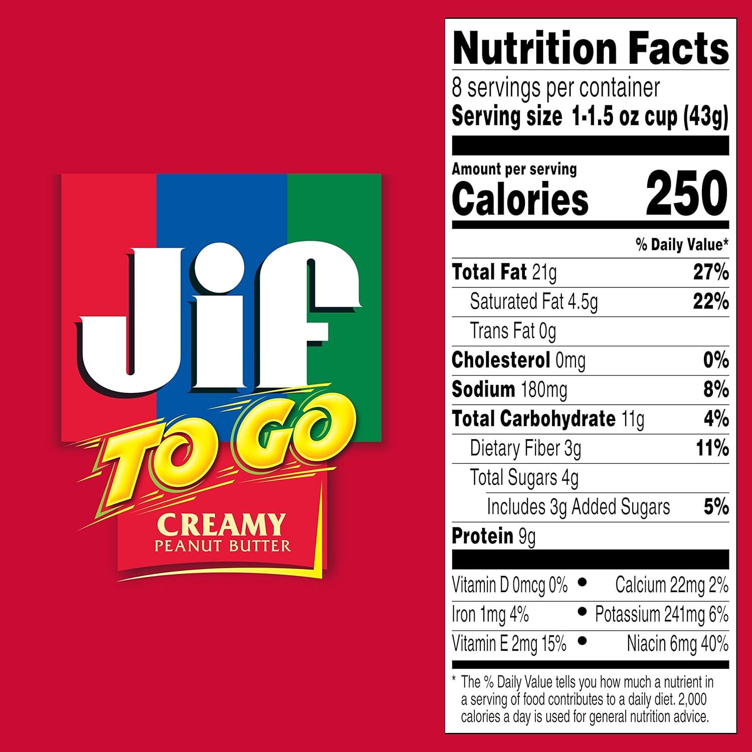 Jif To Go Creamy Peanut Butter Cups, 8 Pack, 1.5 oz Each - Jif