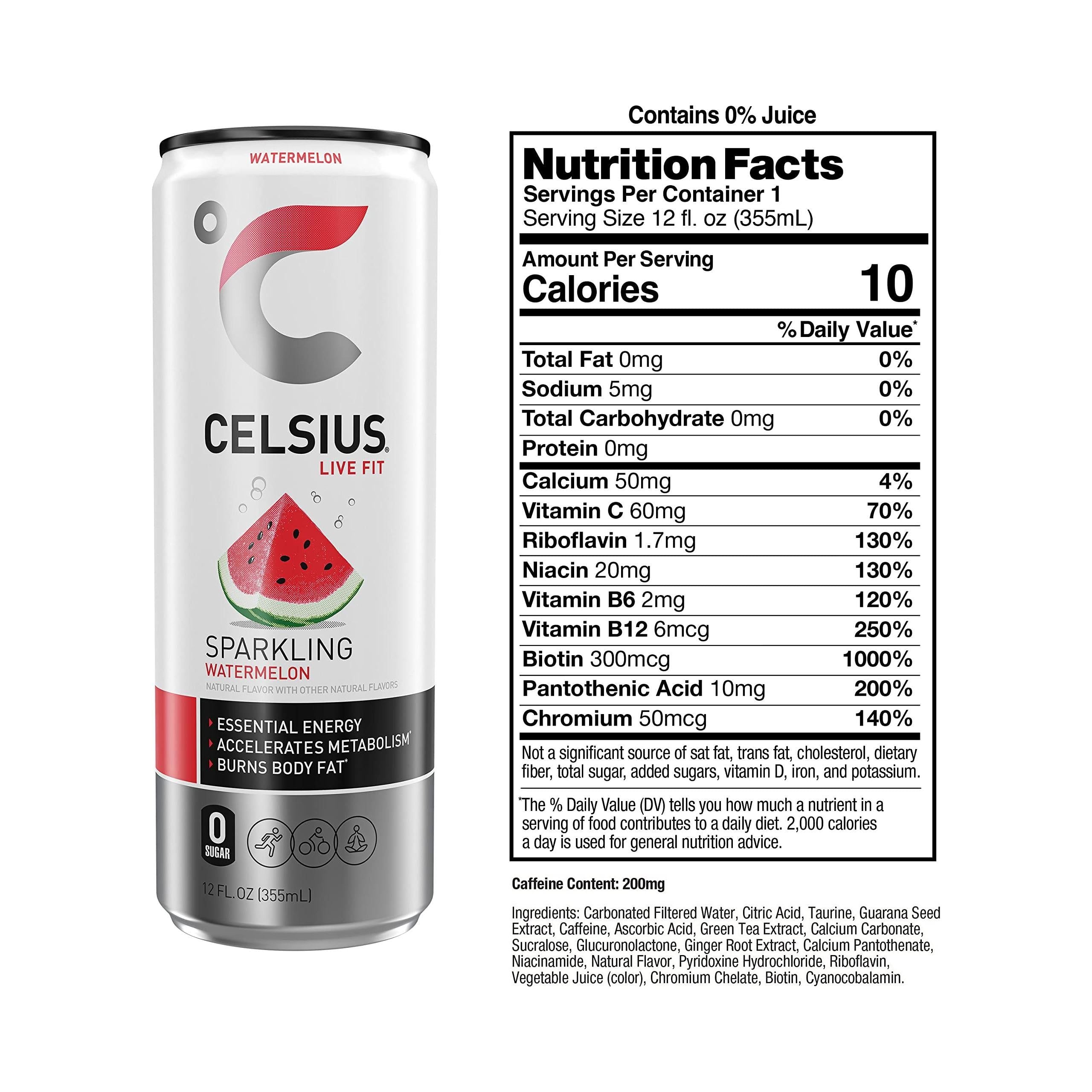 CELSIUS Sparkling Watermelon Energy Drink, 12 Fl Oz Cans, Pack of 24 - Zero Sugar, Vegan, Gluten-Free, Non-GMO - Celsius