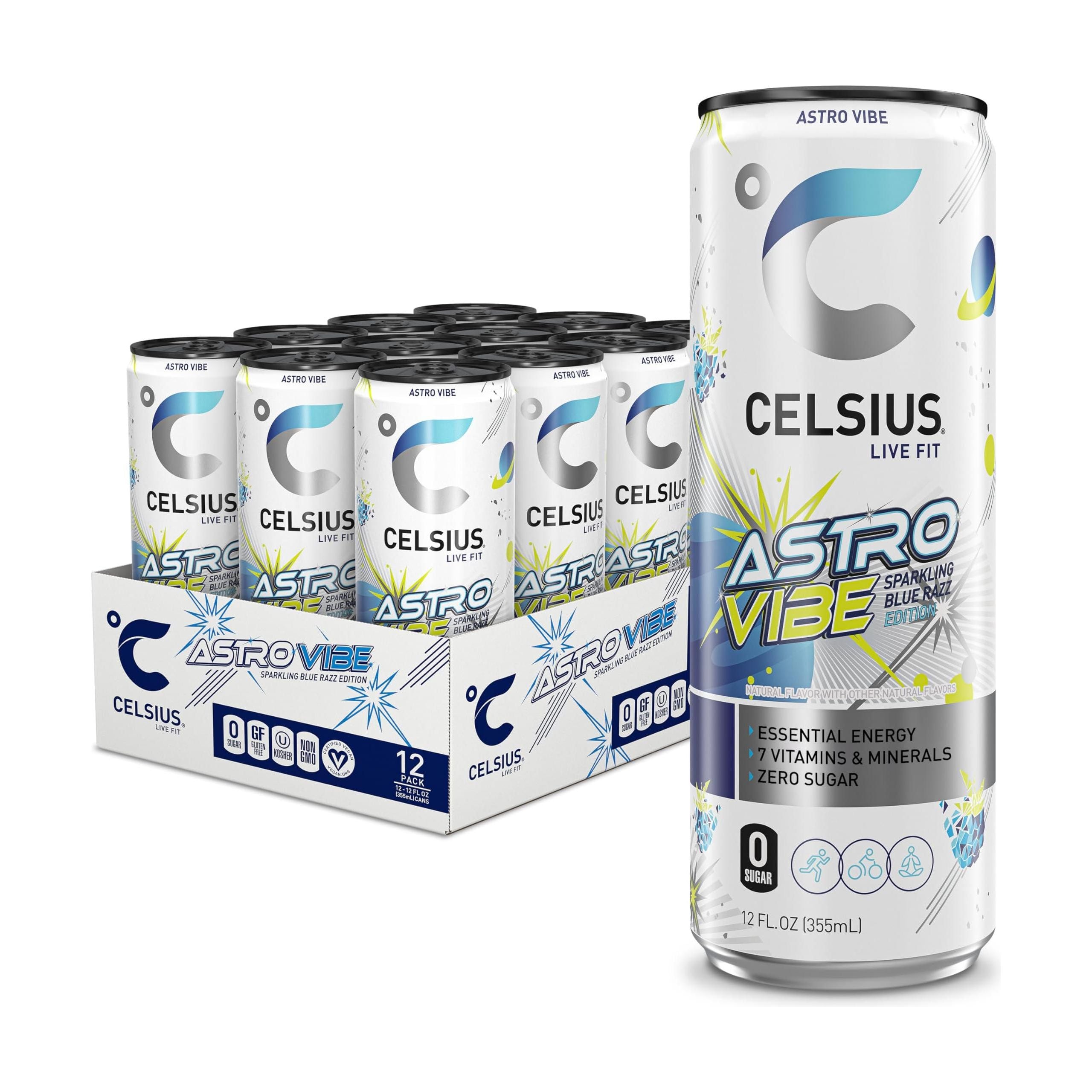 CELSIUS Sparkling Astro Vibe Energy Drink, BlueRazz Flavor, 12 Fl Oz Cans (Pack of 12) - Celsius