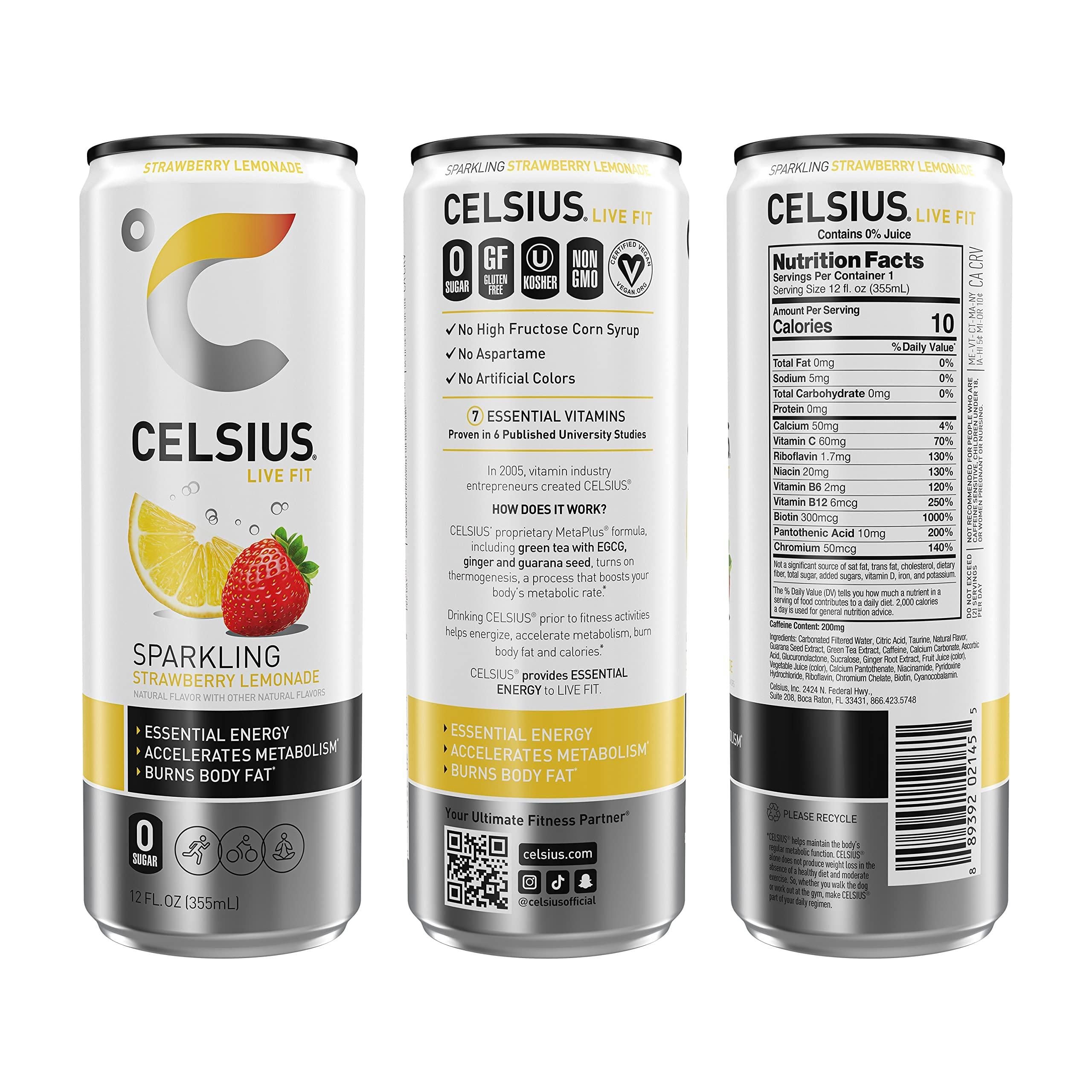 CELSIUS Sparkling Strawberry Lemonade Functional Energy Drink, 12 Fl Oz, Pack of 24, Zero Sugar, Vegan, Gluten-Free, 200mg Caffeine - Celsius