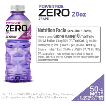 POWERADE ZERO Grape Flavor, 20 oz Bottles - 8 Pack