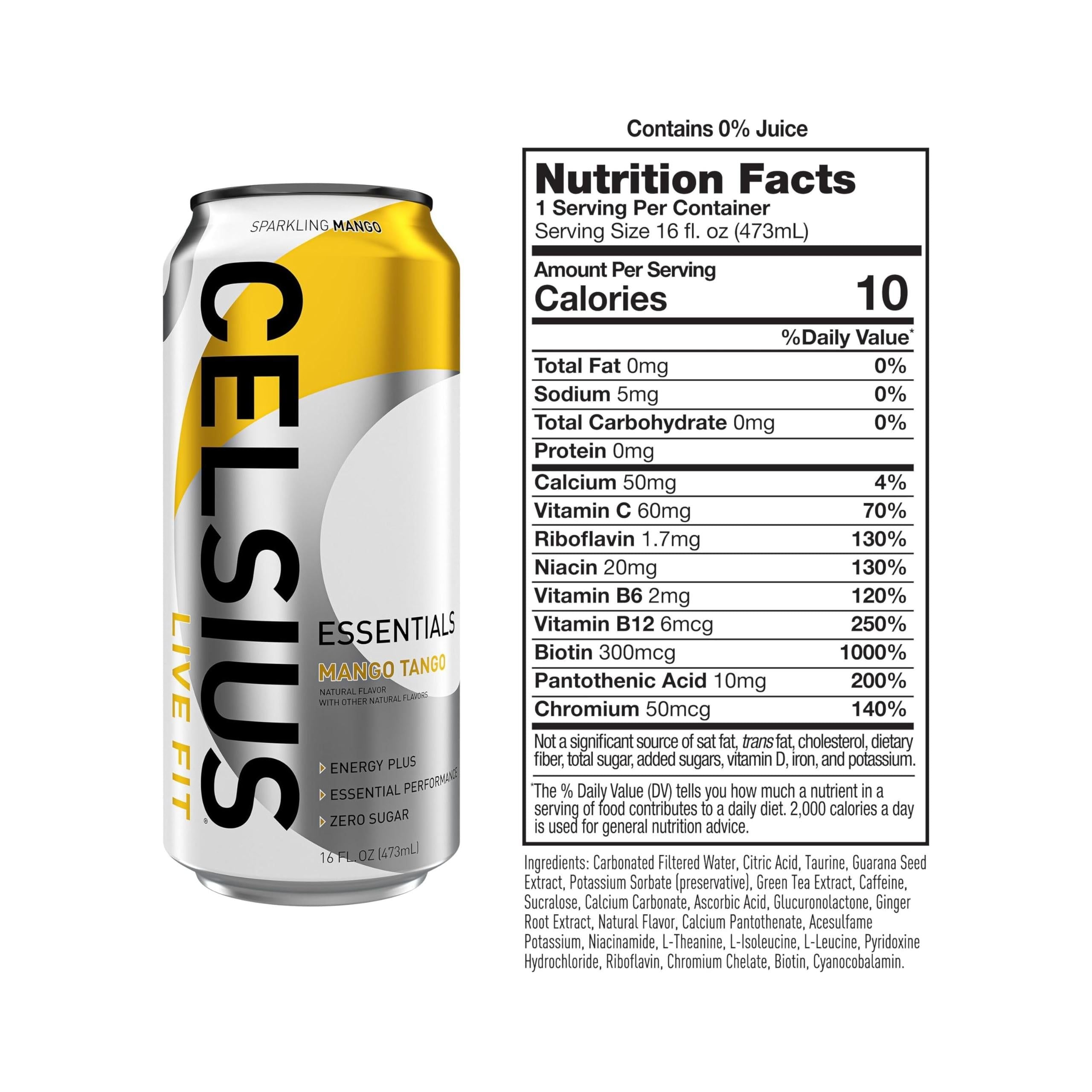 CELSIUS ESSENTIALS Sparkling Mango Tango Energy Drink, 16 Fl Oz, Pack of 12 - Performance Boost with 270mg Caffeine - Celsius