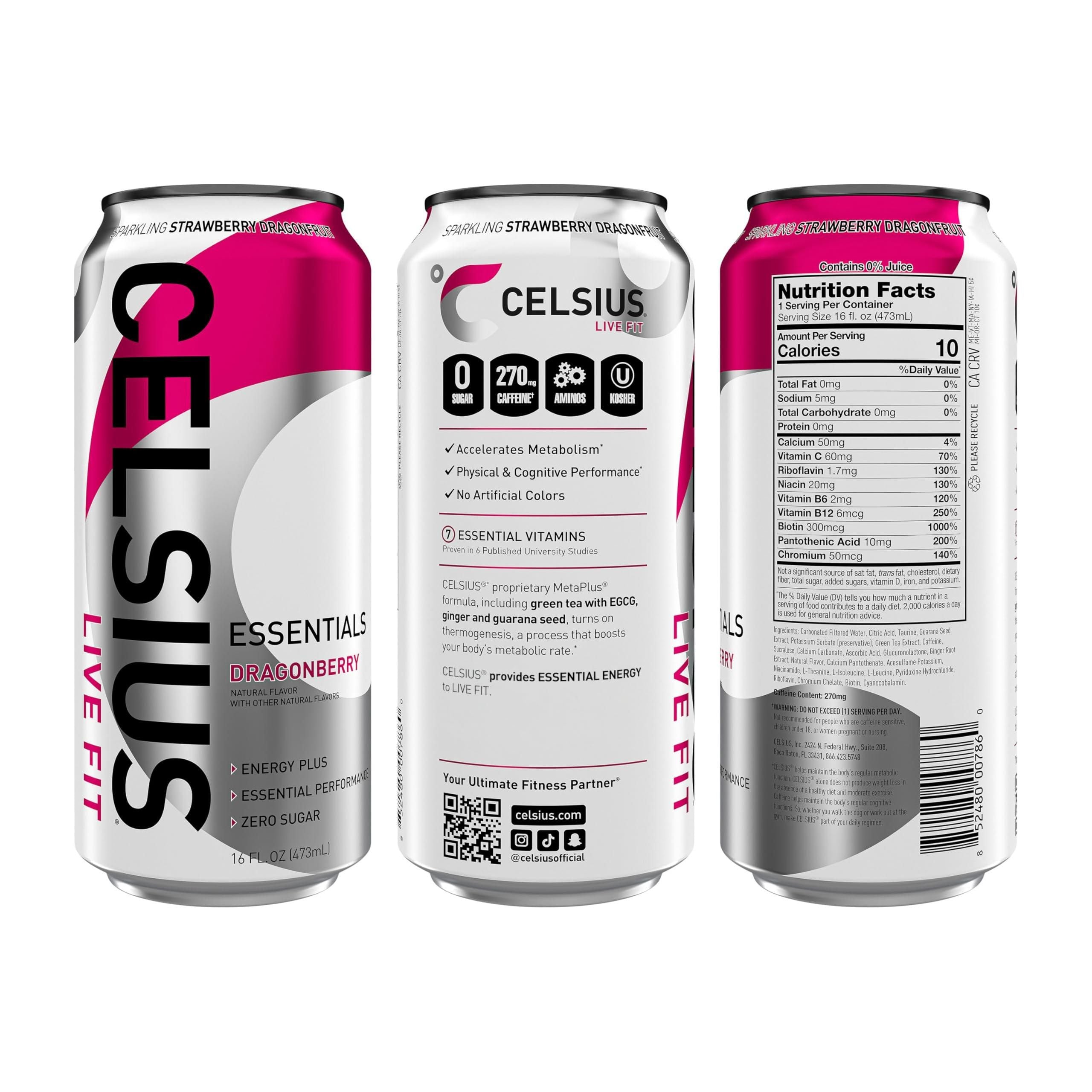 CELSIUS ESSENTIALS Performance Energy Drink, Sparkling Dragonberry, 16 Fl Oz (Pack of 12) - Celsius