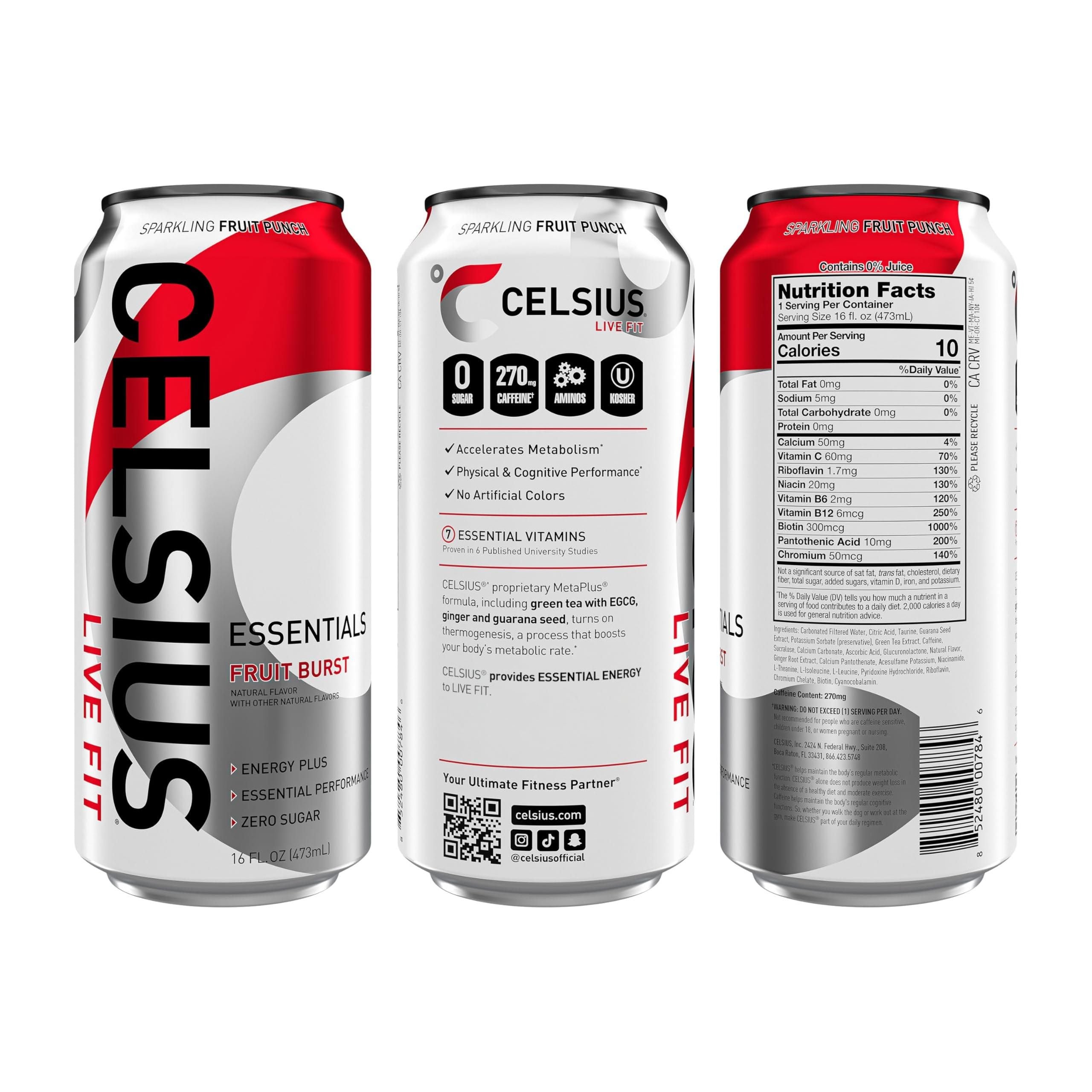 CELSIUS ESSENTIALS, Sparkling Fruit Burst, Performance Energy Drink 16 Fl Oz (12 Pack) - Celsius