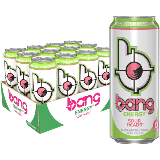 Bang Energy Sour Heads, Zero Sugar Energy Drink, 16 oz (12-Pack)