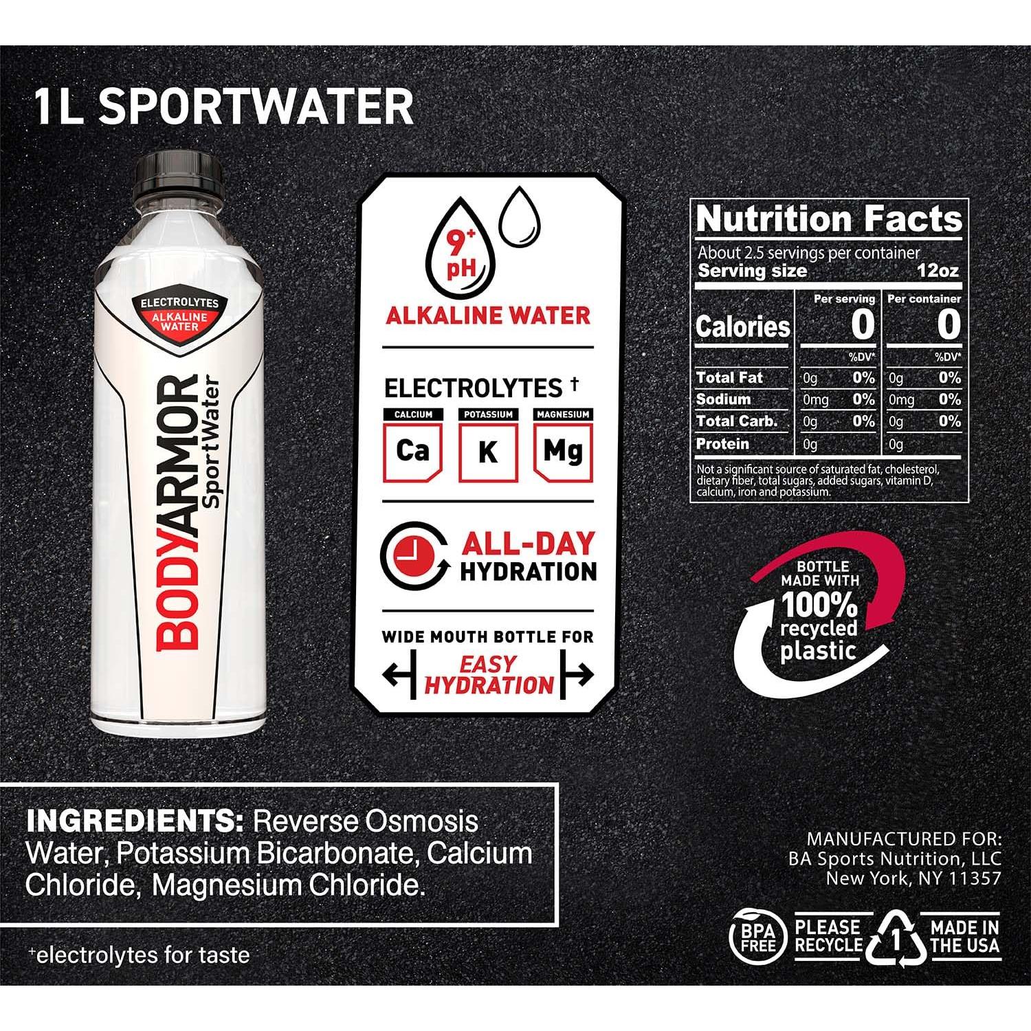 BODYARMOR SportWater High Alkaline Electrolyte Water, pH 9+ for Optimal Hydration, 1 Liter (Pack of 12) - BODYARMOR