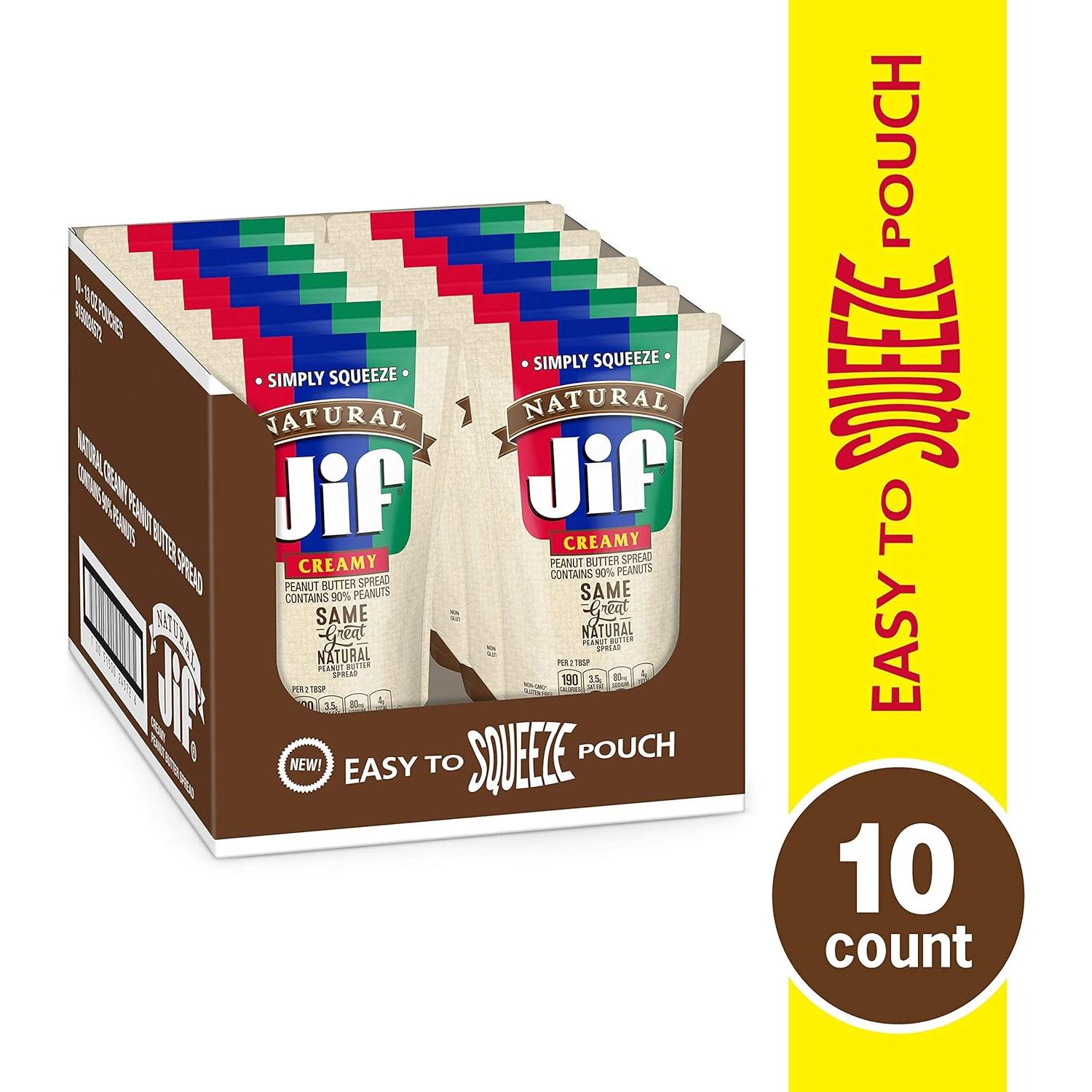 Jif Natural Creamy PB Squeeze Packs, 13 oz, 10 Count - Jif