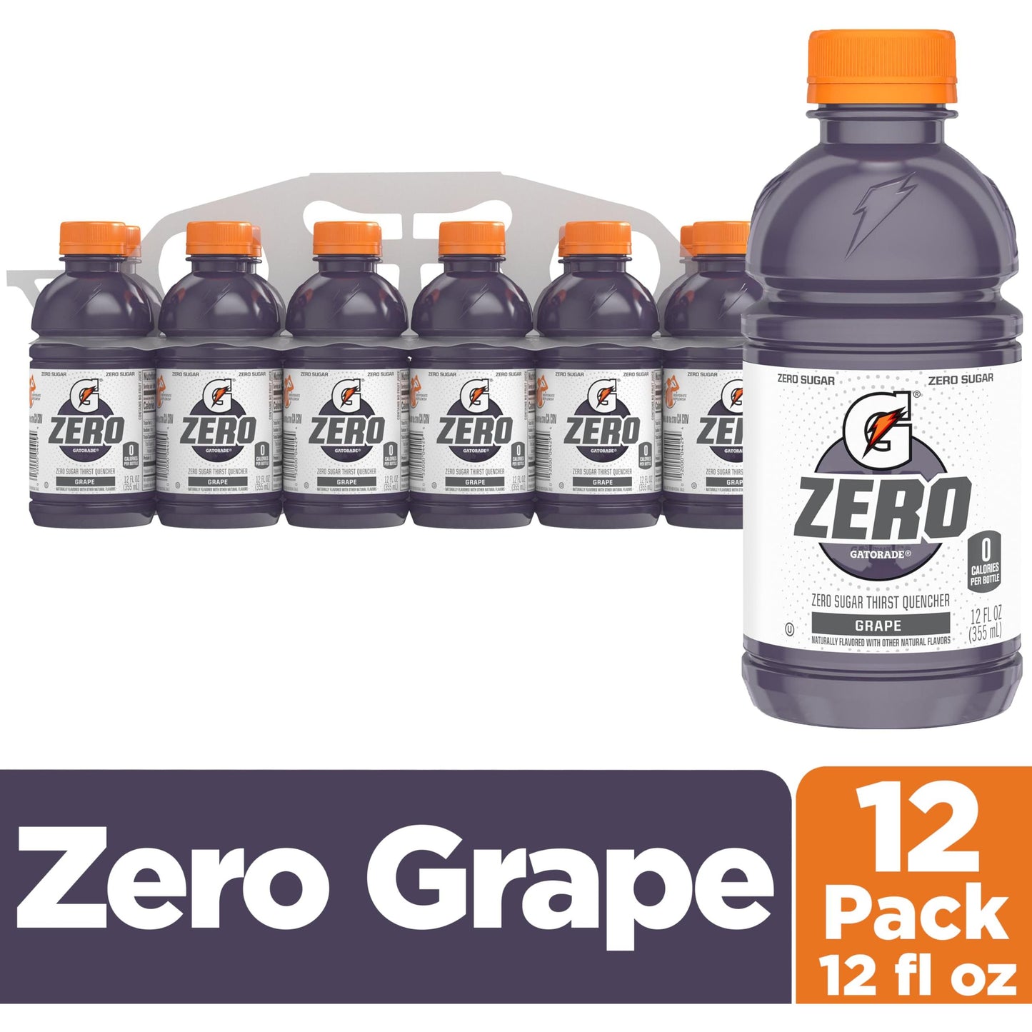 Gatorade Thirst Quencher Zero Sugar Sports Drink, Grape, 12oz Bottles, 12 Pack, Electrolytes for Rehydration