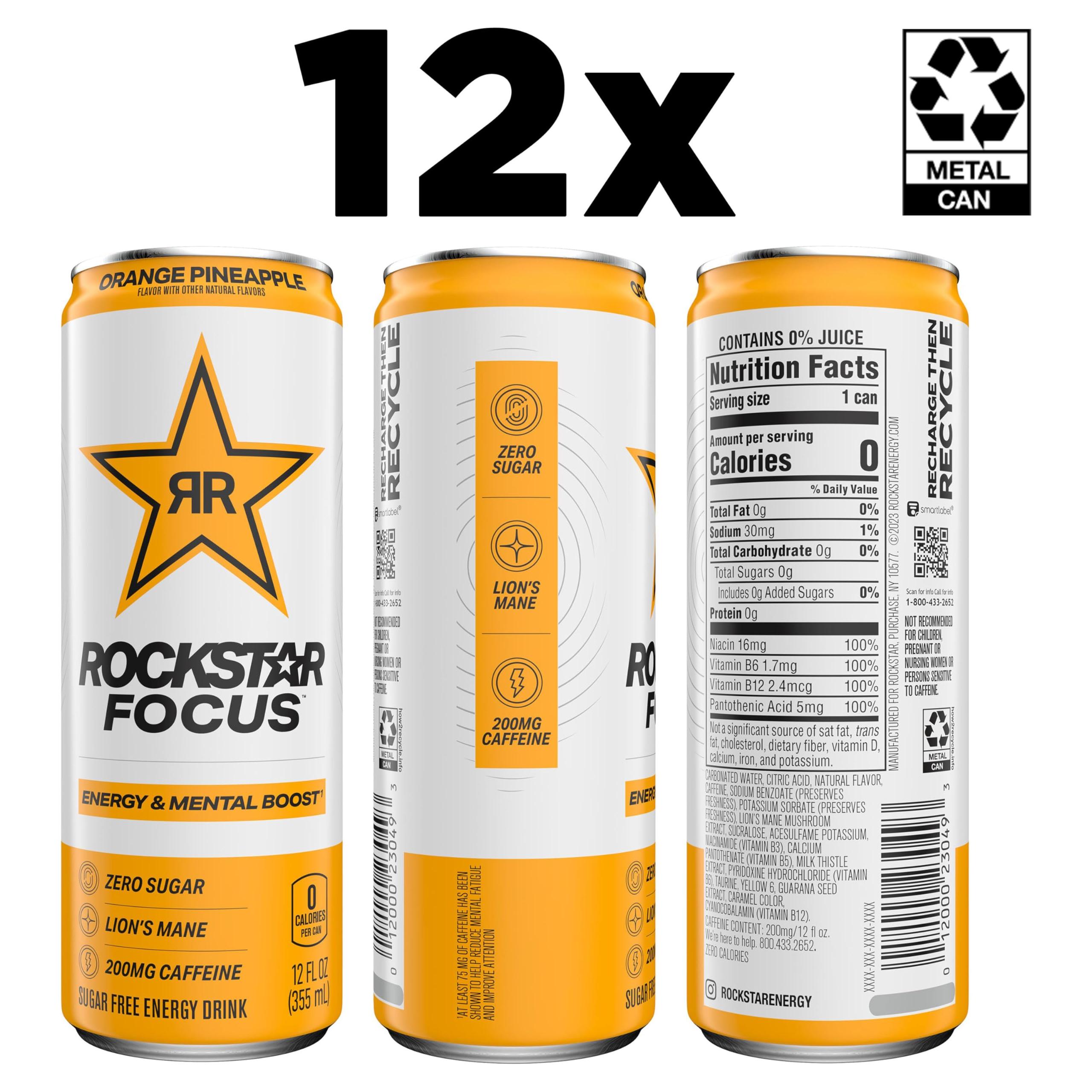 Rockstar Focus Energy Drink, Orange Pineapple, 12 Fl Oz Cans, Pack of 12 – Zero Sugar, Zero Calories, 200mg Caffeine per Can - Rockstar