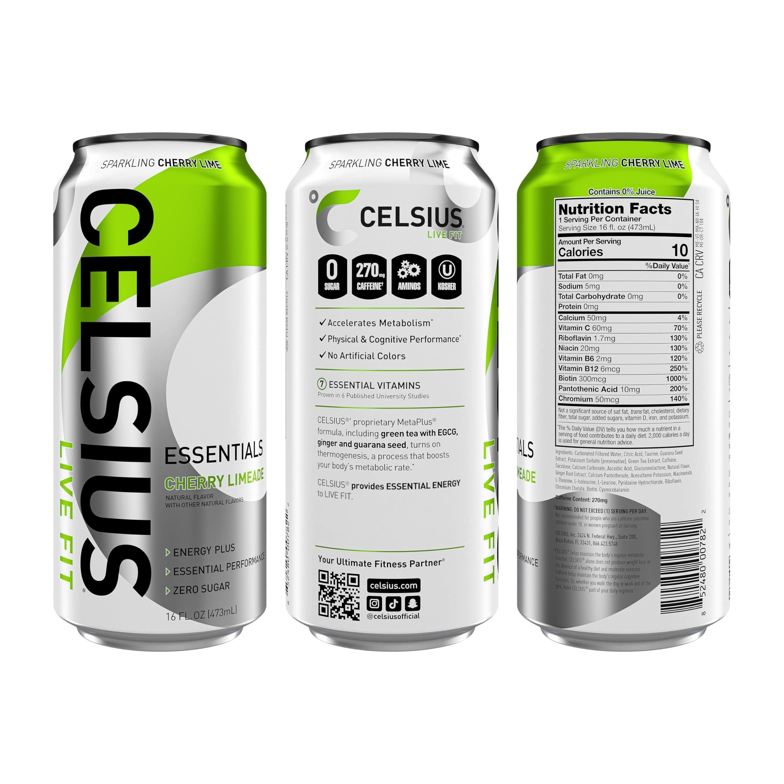 CELSIUS ESSENTIALS Sparkling Cherry Limeade Performance Energy Drink, 16 Fl Oz (Pack of 12) - Elevate Your Fitness with 270mg Caffeine - Celsius