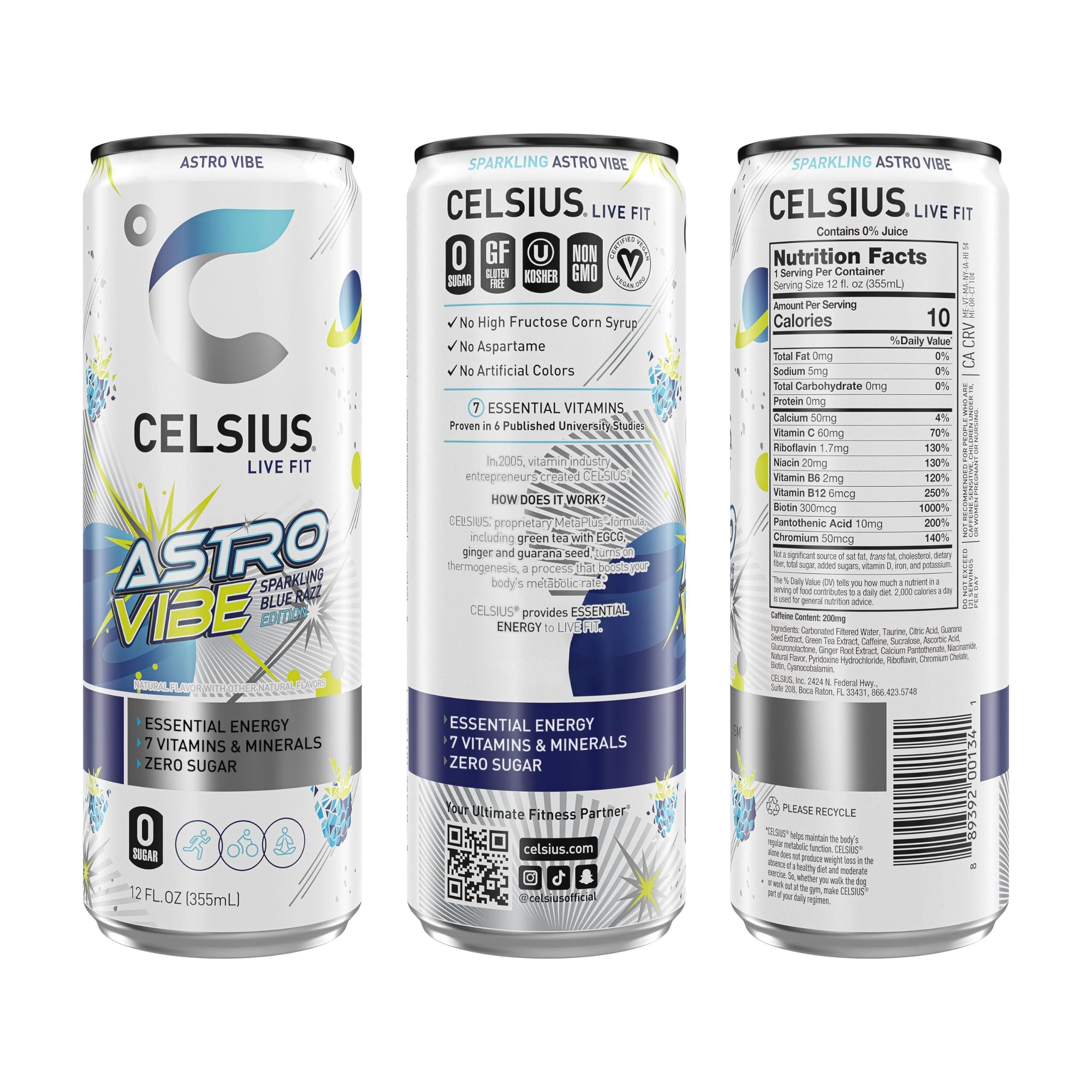 CELSIUS Sparkling Astro Vibe Energy Drink, BlueRazz Flavor, 12 Fl Oz Cans (Pack of 12) - Celsius