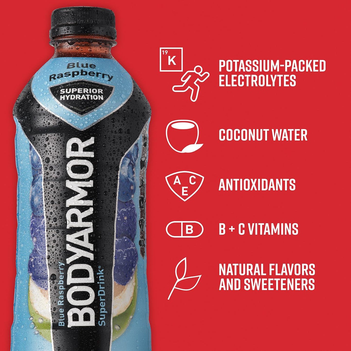 BODYARMOR Blue Raspberry Sports Drink, 28 Fl Oz (12-Pack) - Superior Hydration with Natural Ingredients