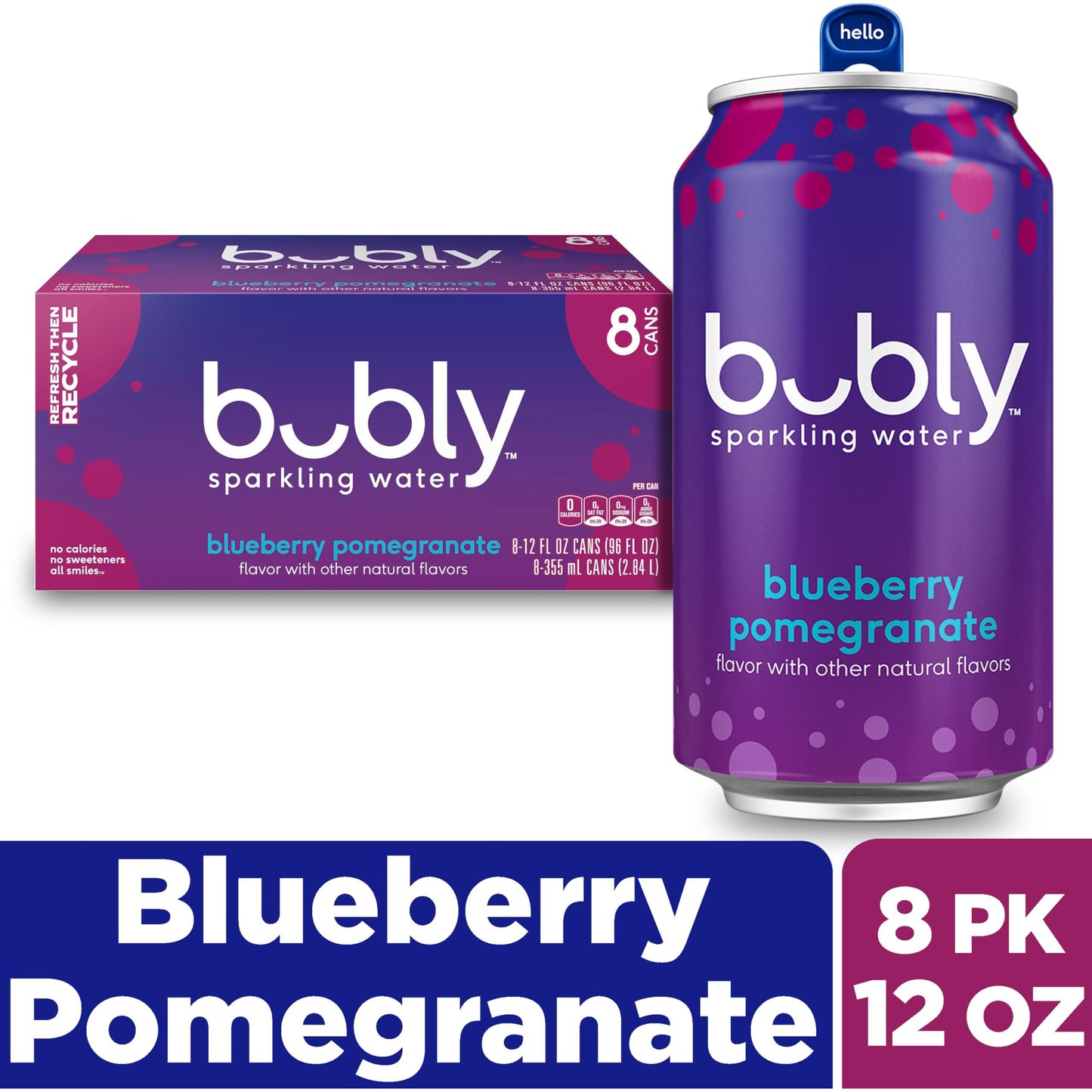 bubly Sparkling Water, Blueberry Pomegranate, 12 fl oz Cans (8 Pack)