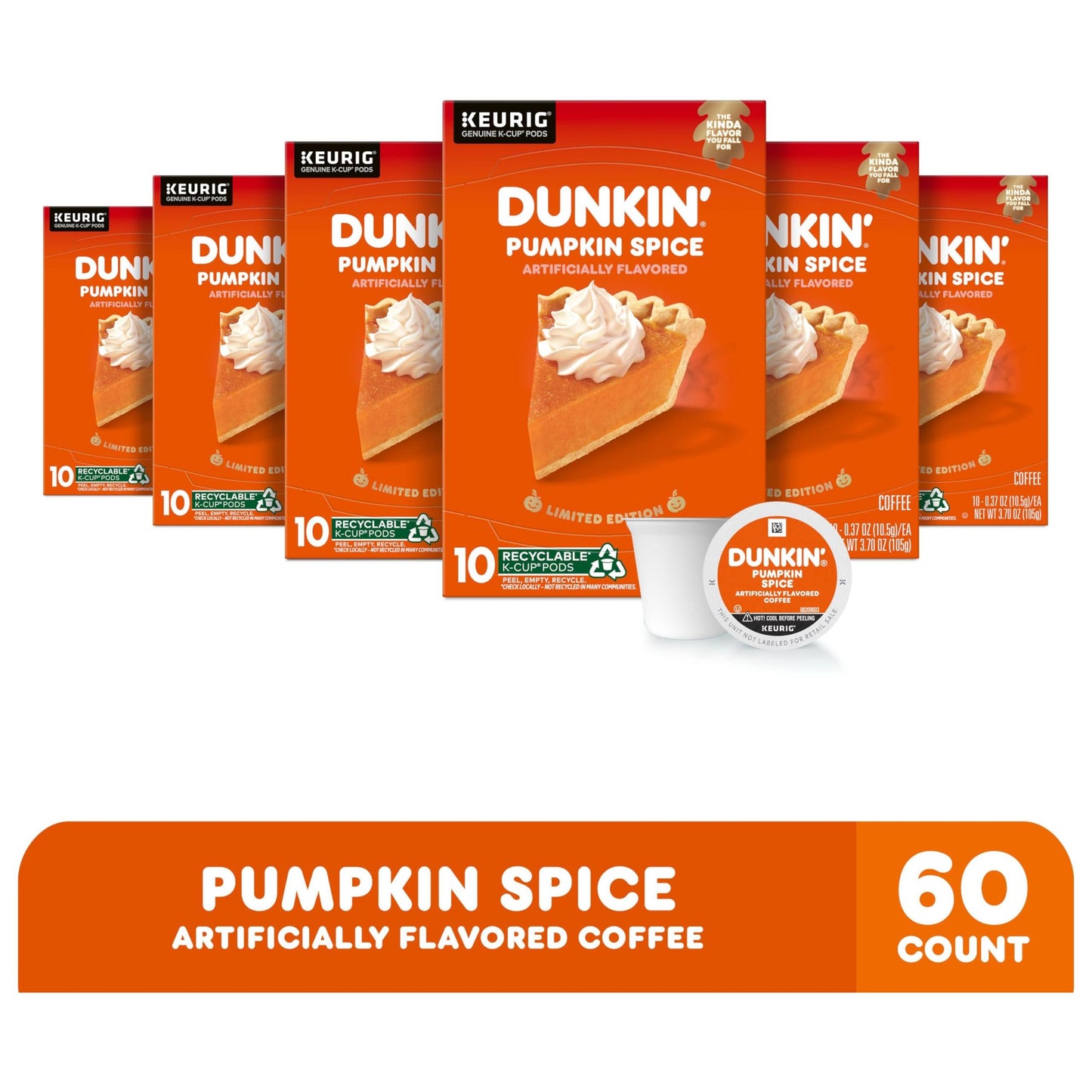 Dunkin’ Pumpkin Spice Coffee, Limited Edition Fall Coffee, K Cup Pods , 10 Count Boxes( Case of 6)