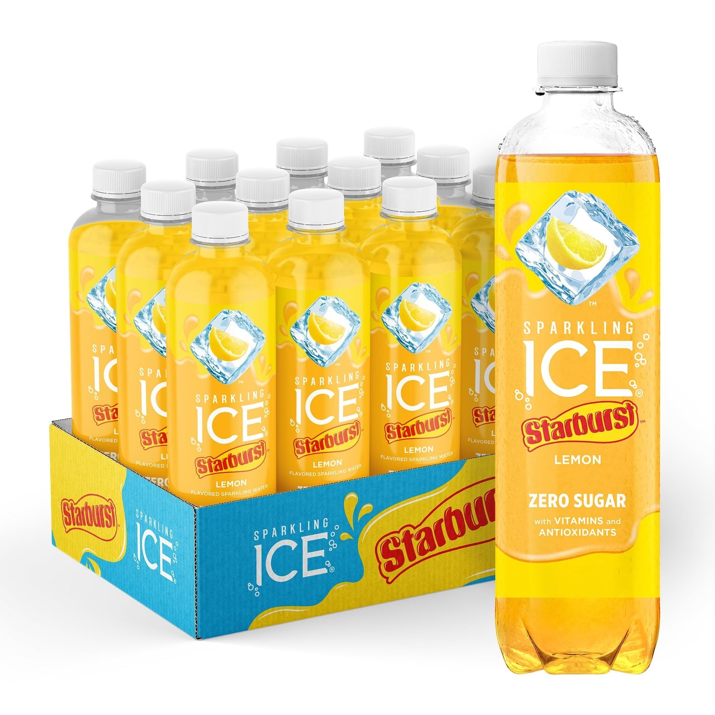 Sparkling Ice STARBURST Lemon, Zero Sugar Flavored Sparkling Water,  17 fl oz Bottles (Pack of 12)