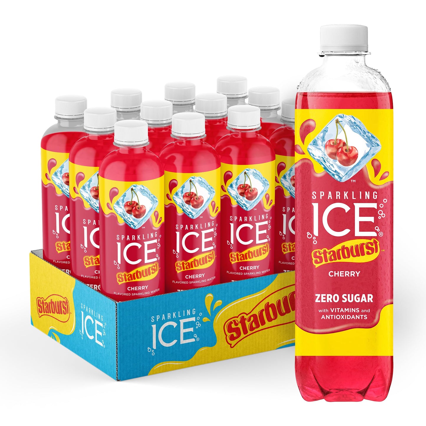 Sparkling Ice STARBURST Cherry, Zero Sugar Flavored Sparkling Water, 17 fl oz Bottles (Pack of 12)