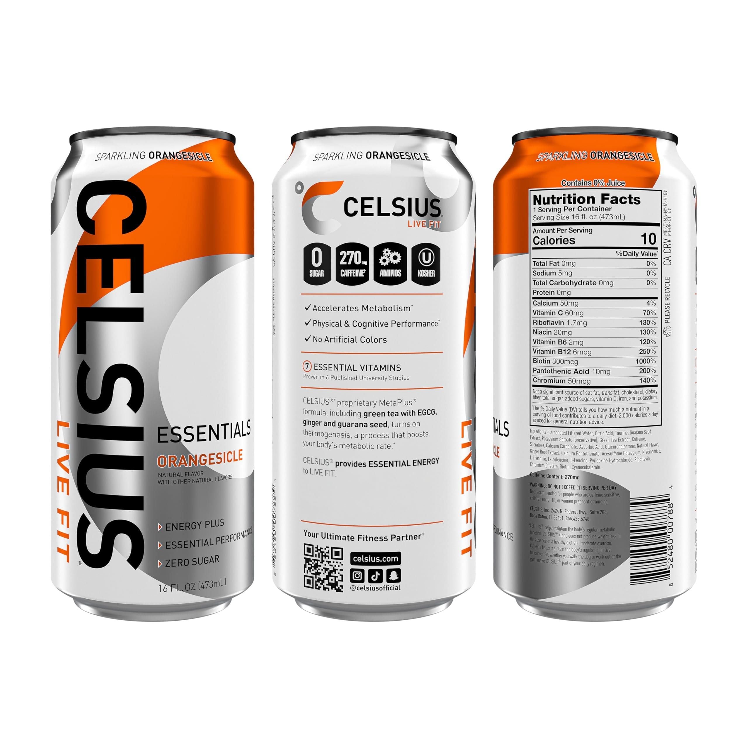 CELSIUS ESSENTIALS Sparkling Orangesicle Performance Energy Drink, 16 Fl Oz Cans (Pack of 12) - Celsius