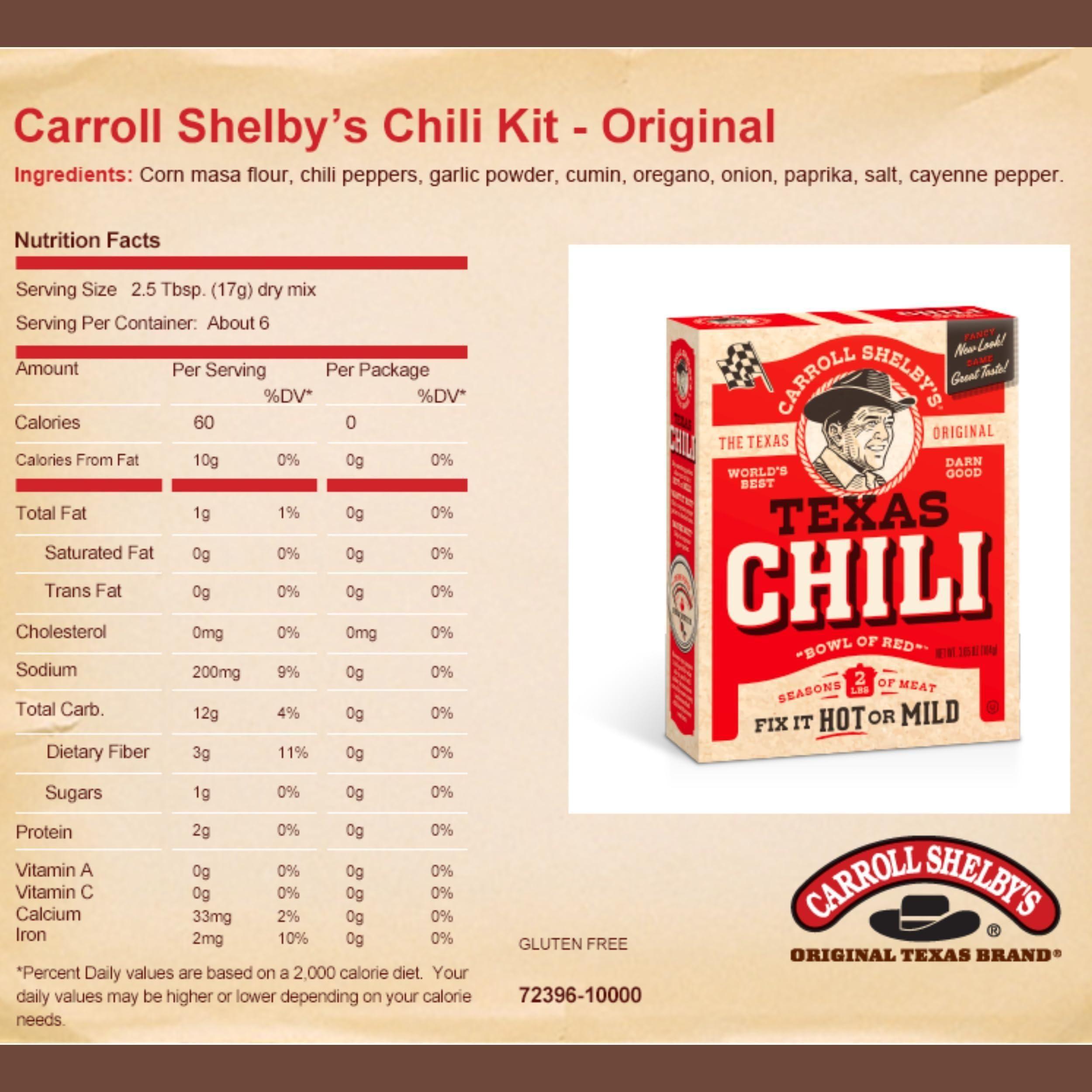 Carroll Shelby's Authentic Texas Chili Kit, 3.65 oz, Pack of 8 - CARROLL SHELBY'S ORIGINAL TEXAS BRAND