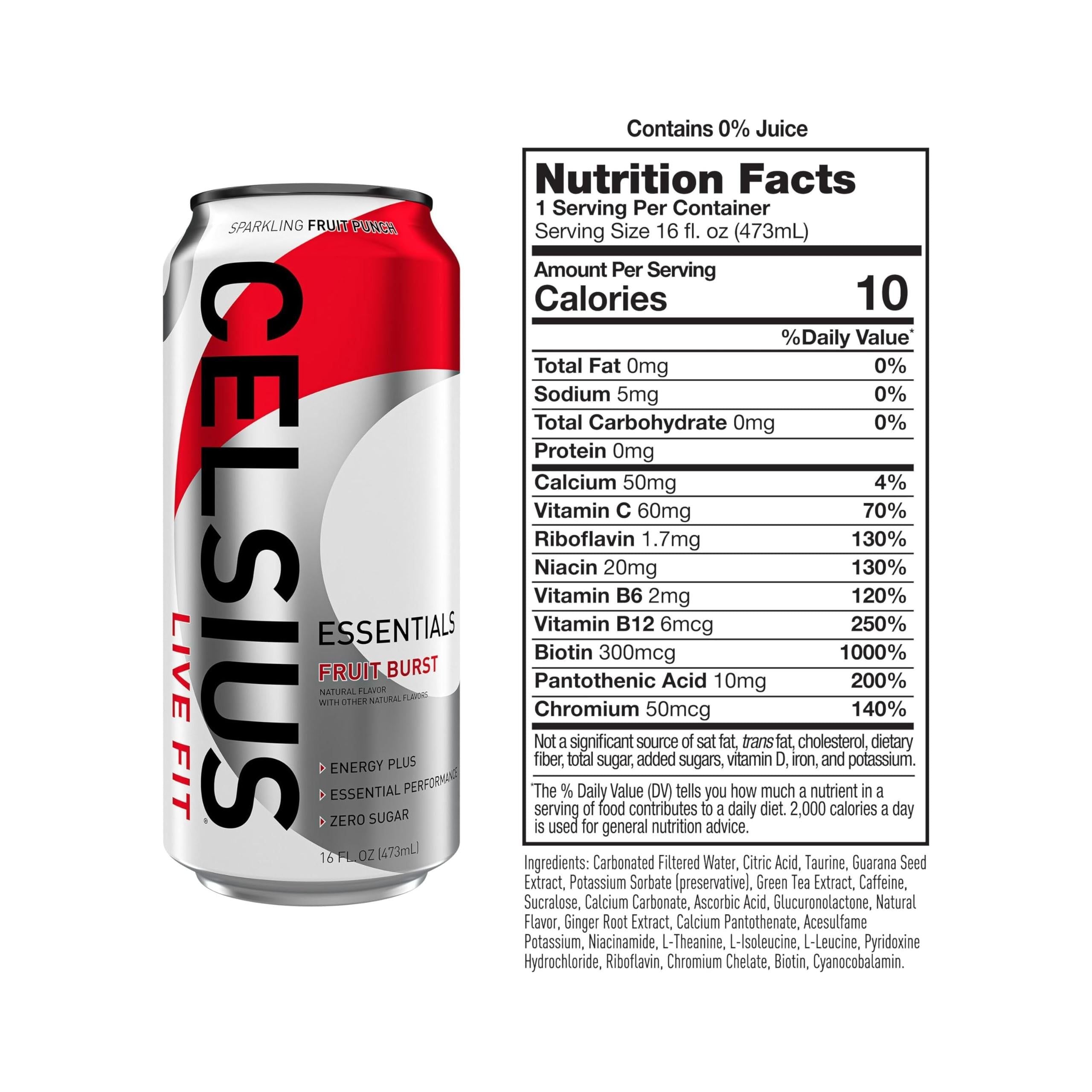 CELSIUS ESSENTIALS, Sparkling Fruit Burst, Performance Energy Drink 16 Fl Oz (12 Pack) - Celsius