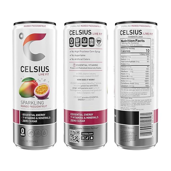 Celsius Essential Energy Sparkling Mango Passionfruit - 12 oz Cans, 12-Pack for Vitality and Refreshing Flavor