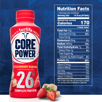 Core Power Strawberry Banana Protein Milk Shakes, 26g Protein for Post-Workout Recovery, 14 Fl Oz (12-Pack)