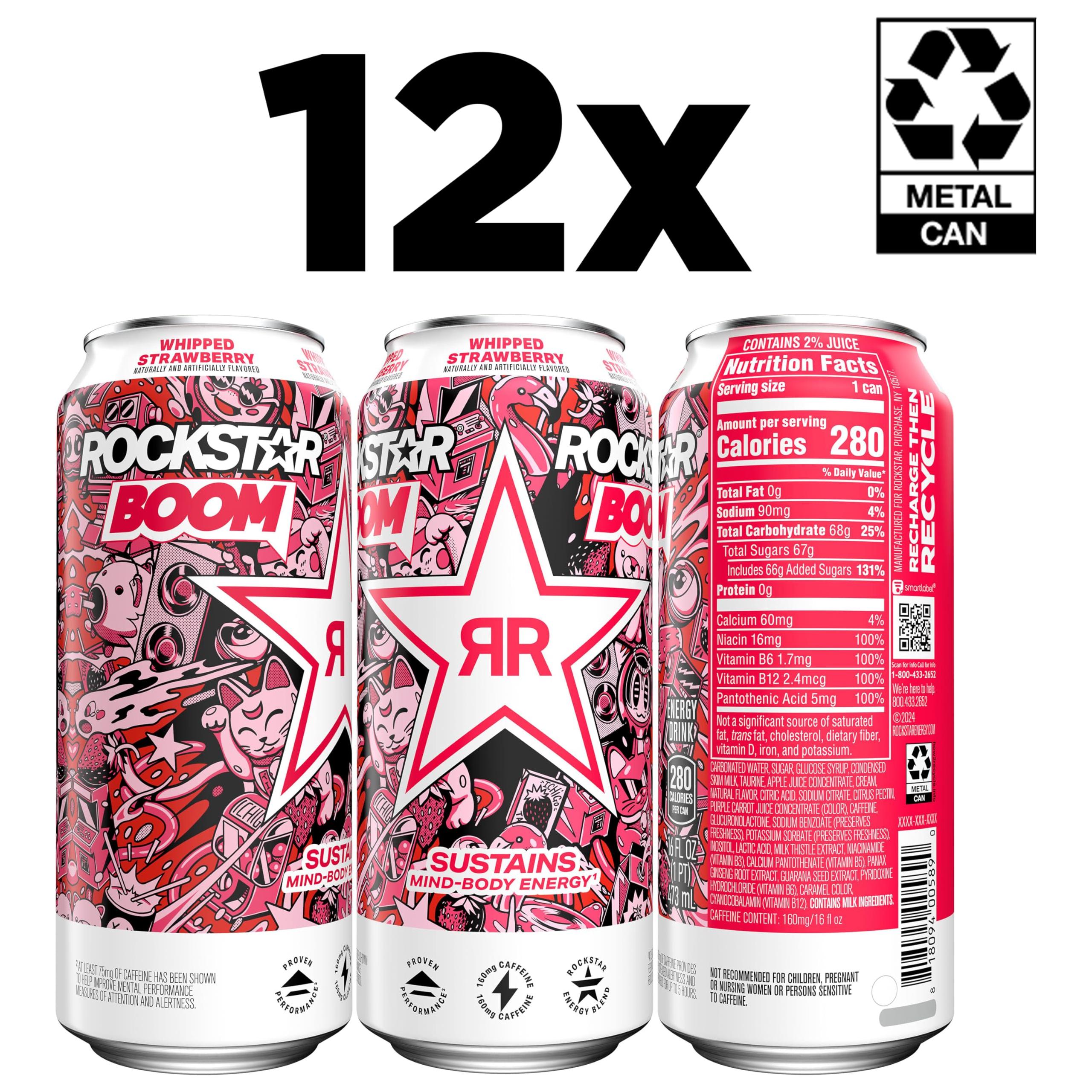 Rockstar Boom Energy Drink, Whipped Strawberry Flavor, 16 Fl Oz Cans (Pack of 12) with Caffeine and Taurine - Rockstar