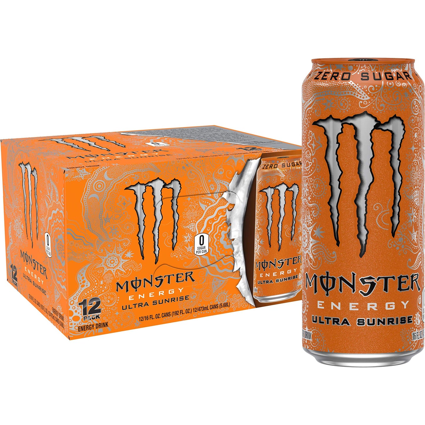 Monster Energy Ultra Sunrise Citrus Burst, Sugar-Free Energy Drink, 16 oz Cans - 12 Pack