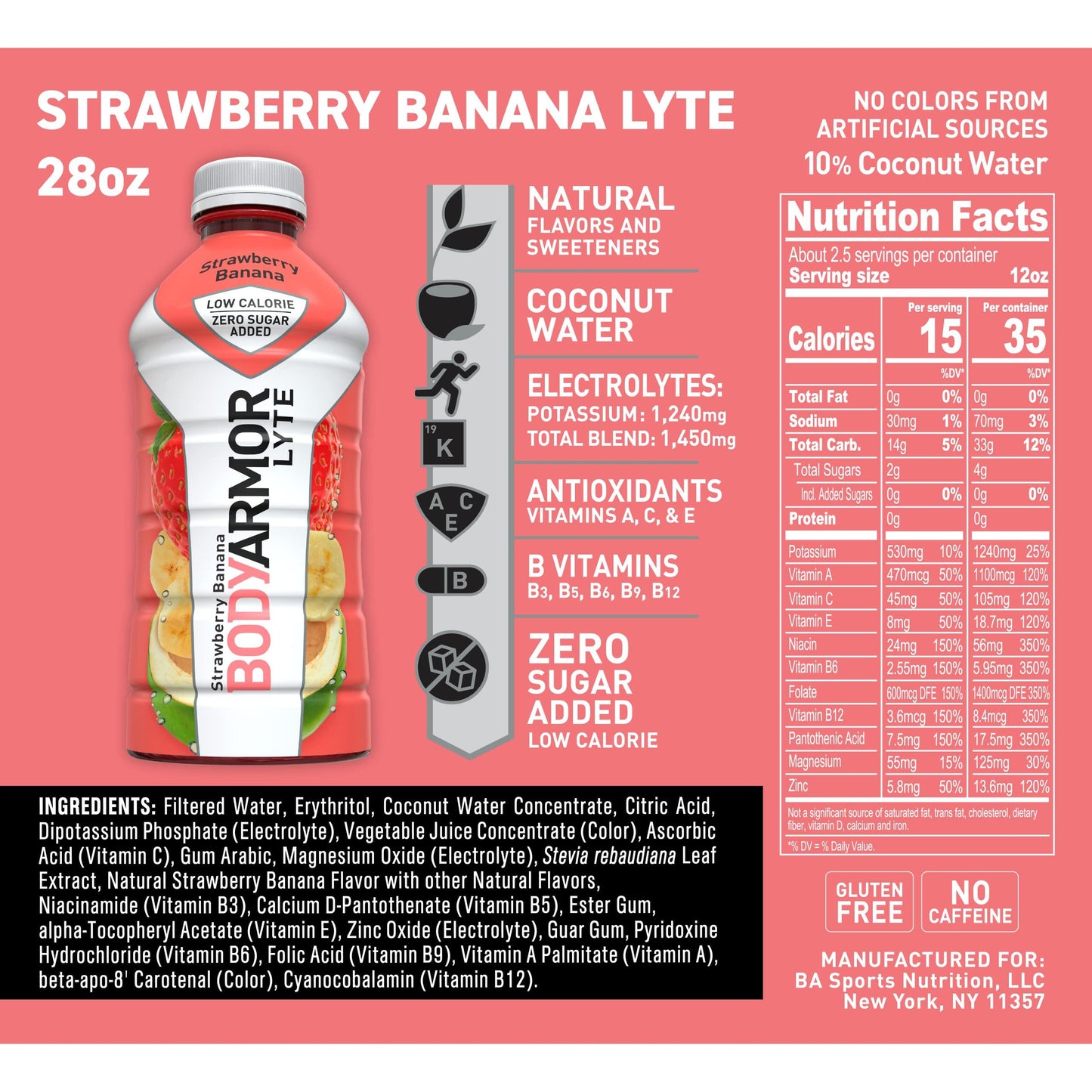 BODYARMOR LYTE Strawberry Banana Sports Drink, 28 Fl Oz (Pack of 12)