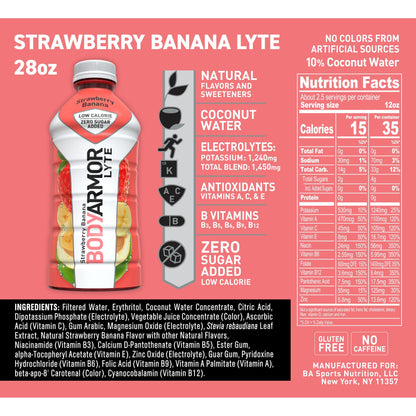 BODYARMOR LYTE Strawberry Banana Sports Drink, 28 Fl Oz (Pack of 12)