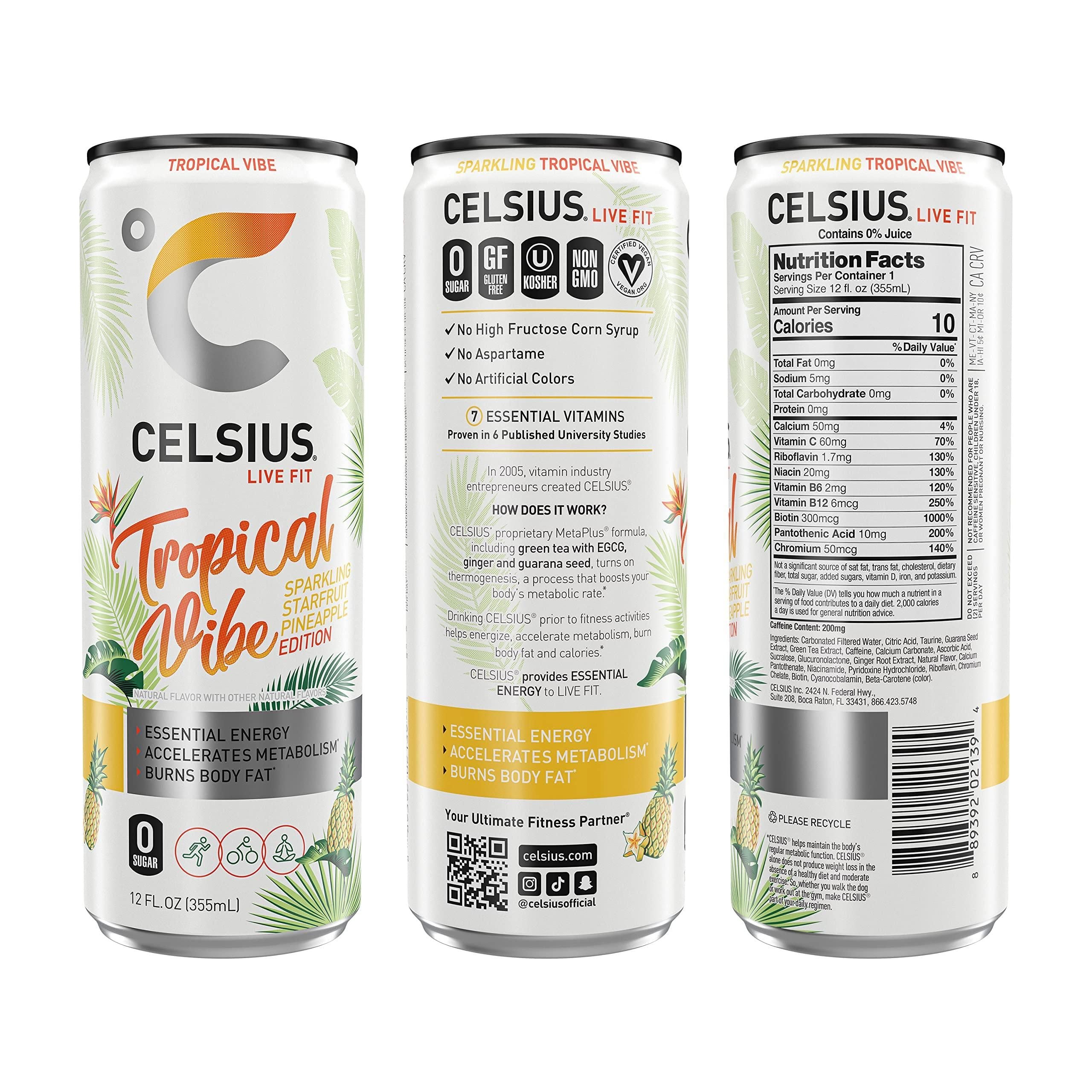 CELSIUS Sparkling Tropical Vibe, Essential Energy Drink, 200mg Caffeine, 12 Fl Oz (24 Pack) - Celsius