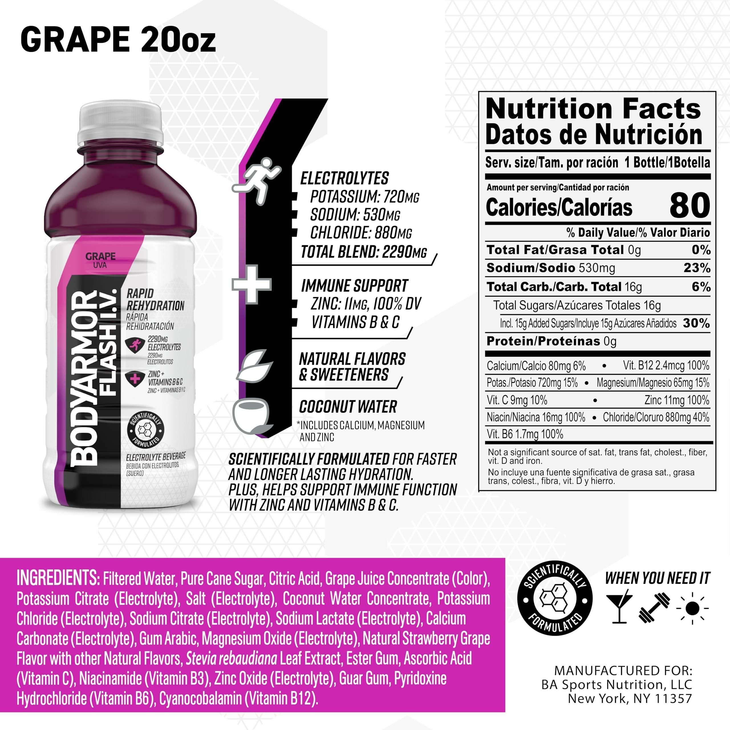 BODYARMOR Flash I.V. Grape Electrolyte Drink, 20 Fl Oz (Case of 12) - BODYARMOR