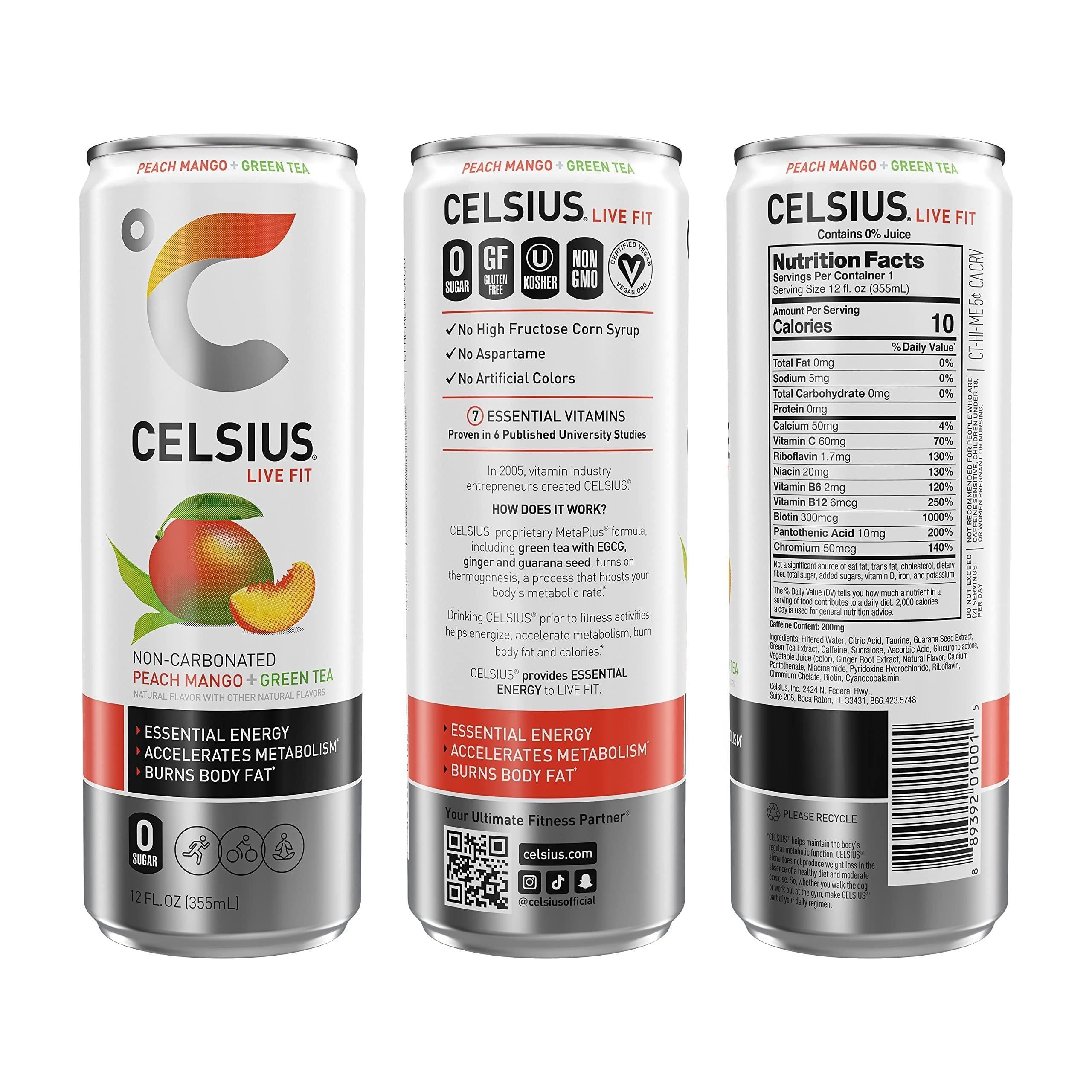 CELSIUS Peach Mango Green Tea Energy Drink, 12 Fl Oz Cans (Pack of 24) - Essential, Zero Sugar, Non-GMO, Vegan, 200mg Caffeine - Celsius