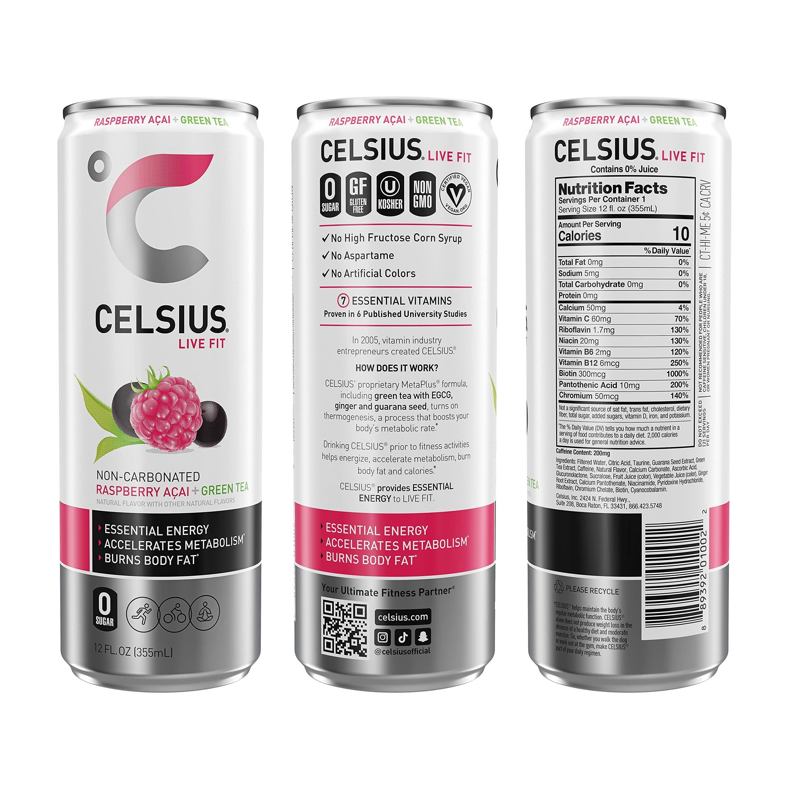 CELSIUS Raspberry Acai Green Tea, Essential Energy Drink, 12 Fl Oz Cans (Pack of 4) - Vegan, Non-GMO, Gluten-Free, Zero Sugar - Celsius