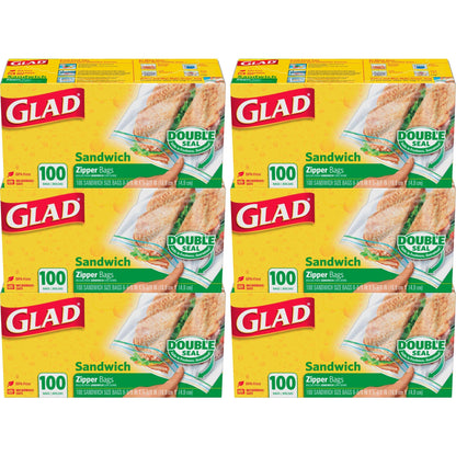 Glad Zipper Food Storage Plastic Bags - Sandwich - 100 Count, Pack of 6