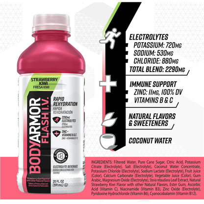 BODYARMOR Flash IV Strawberry Kiwi Electrolyte Sports Drink - 20 fl oz Bottles, 12 Count Pack