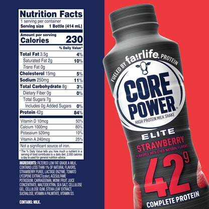 Core Power Elite Strawberry High Protein Milk Shake, 42g Protein, 14 Fl Oz (12-Pack)