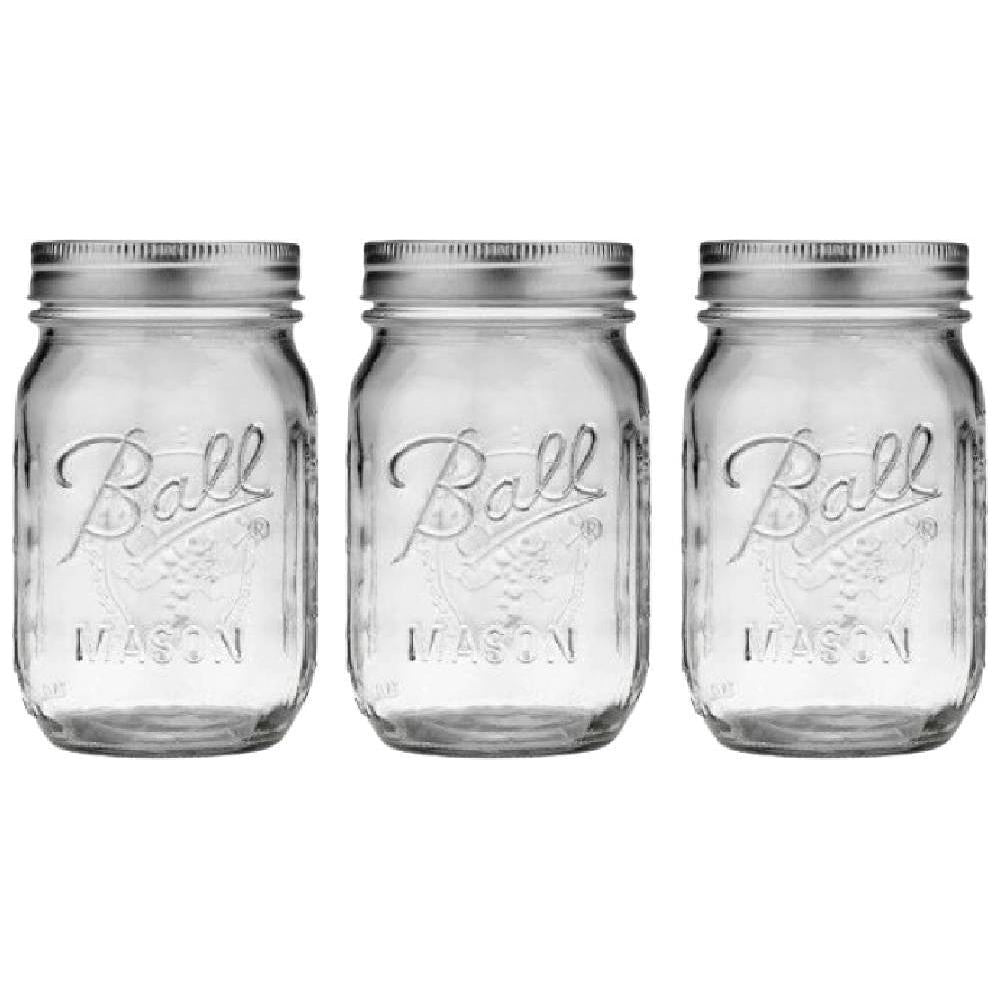 Ball Mason Regular Mouth Pint Jar 16 oz With Lid and Band, Glass Material Made in USA - 3 Pack - Ball