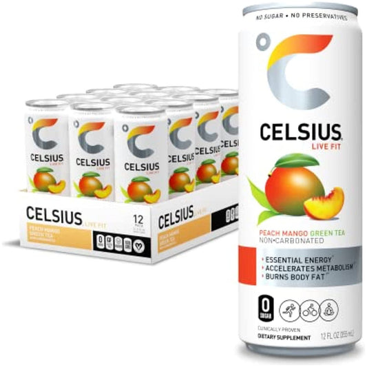 Celsius Essential Energy Peach Mango Green Tea - 12 Cans for Ultimate Hydration and Focus